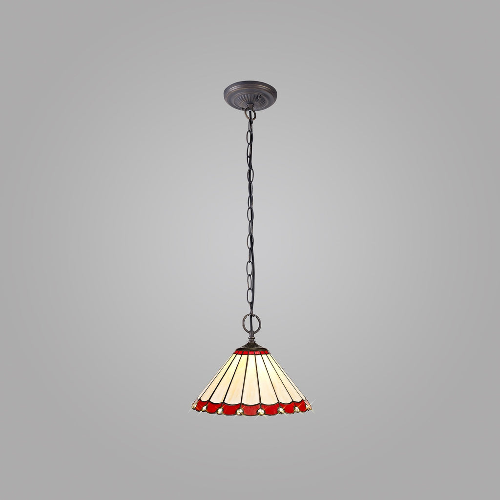 NLK02879 Umbrian 2 Light Down Lighter Pendant With 30cm Tiffany Shade Red/Chrome/Crystal/Aged Antique Brass