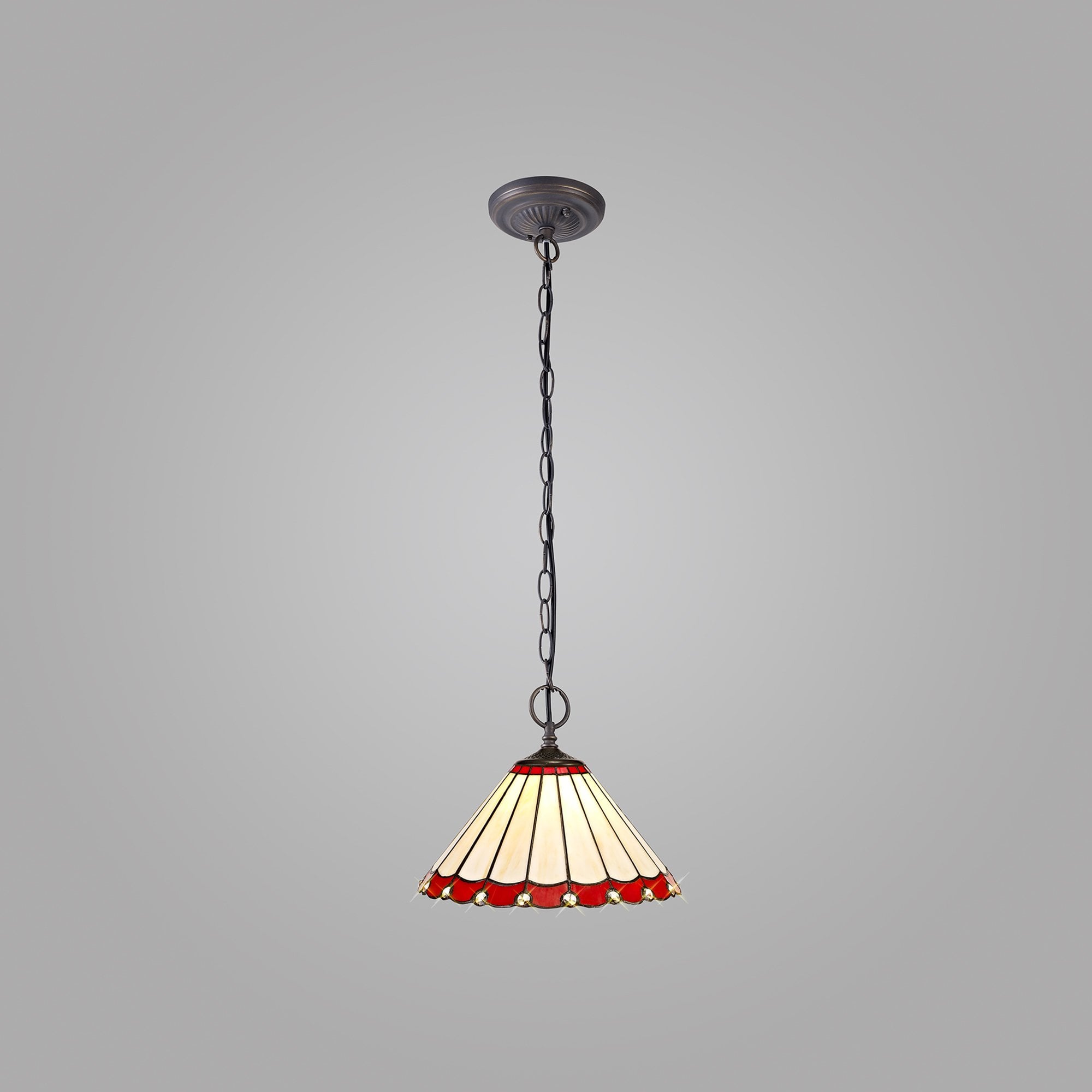 NLK02879 Umbrian 2 Light Down Lighter Pendant With 30cm Tiffany Shade Red/Chrome/Crystal/Aged Antique Brass