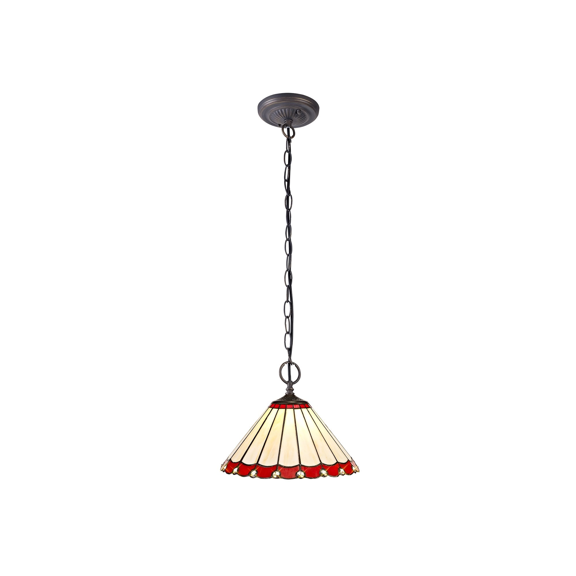 NLK02879 Umbrian 2 Light Down Lighter Pendant With 30cm Tiffany Shade Red/Chrome/Crystal/Aged Antique Brass