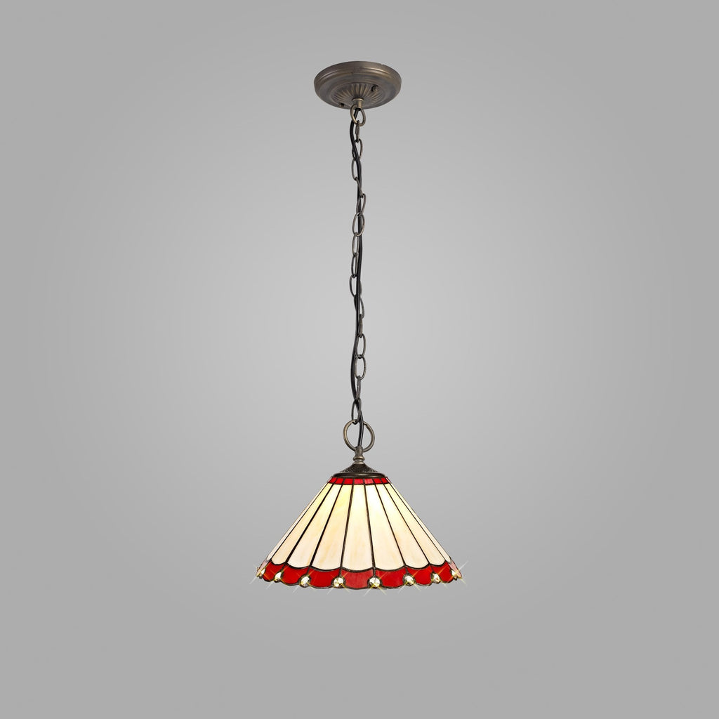 NLK02889 Umbrian 3 Light Down Lighter Pendant With 30cm Tiffany Shade Red/Chrome/Crystal/Aged Antique Brass