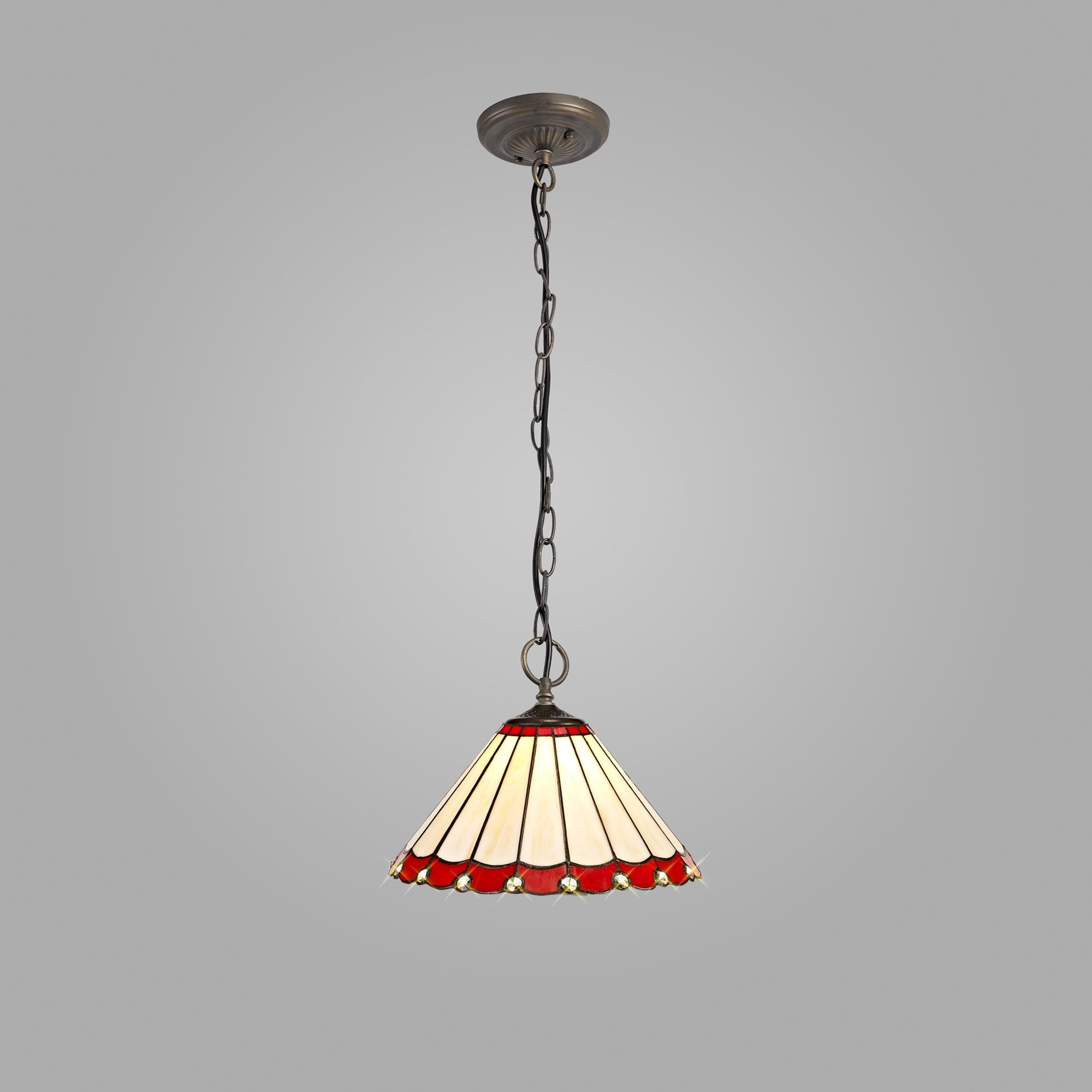 NLK02889 Umbrian 3 Light Down Lighter Pendant With 30cm Tiffany Shade Red/Chrome/Crystal/Aged Antique Brass