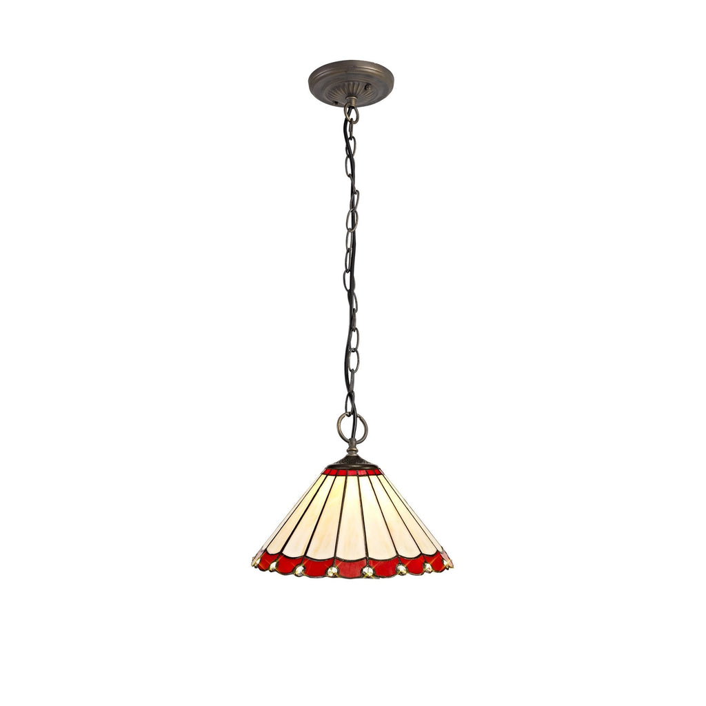 NLK02889 Umbrian 3 Light Down Lighter Pendant With 30cm Tiffany Shade Red/Chrome/Crystal/Aged Antique Brass
