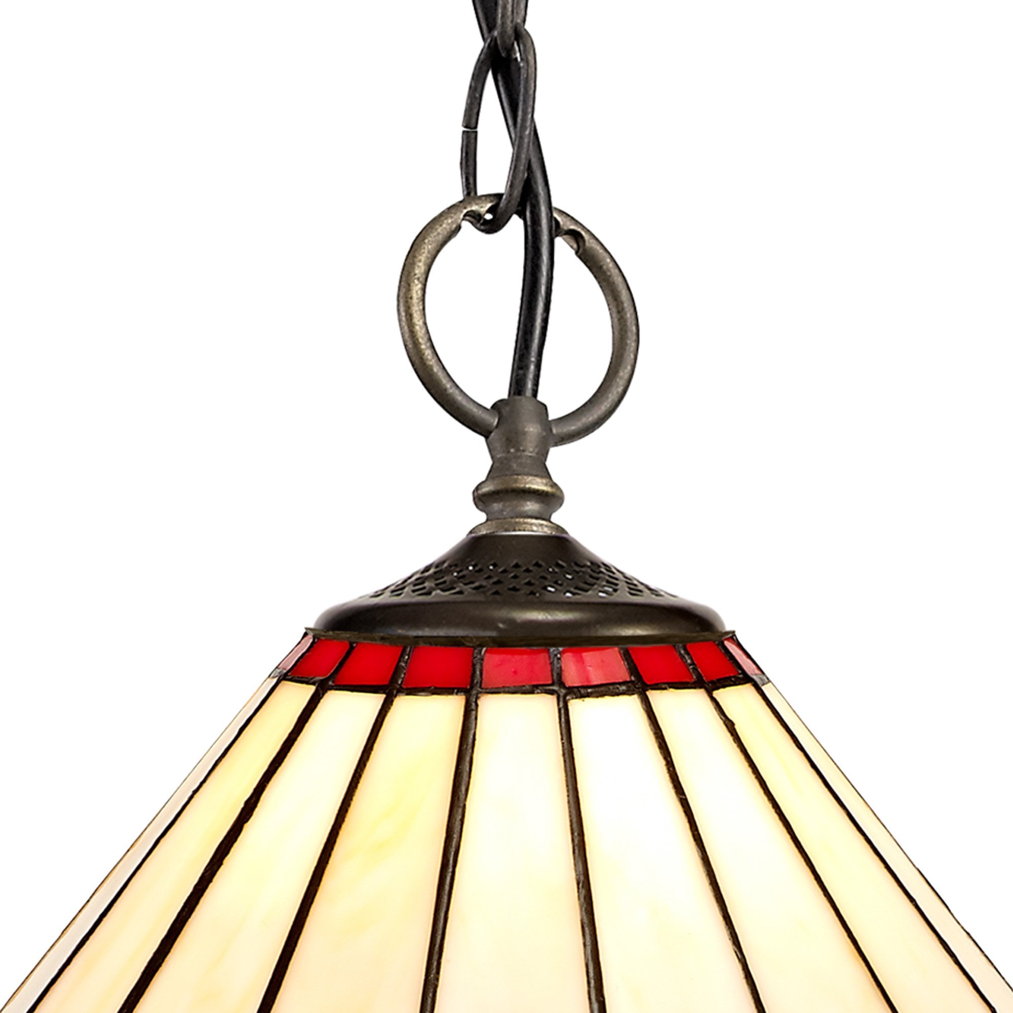 NLK02889 Umbrian 3 Light Down Lighter Pendant With 30cm Tiffany Shade Red/Chrome/Crystal/Aged Antique Brass
