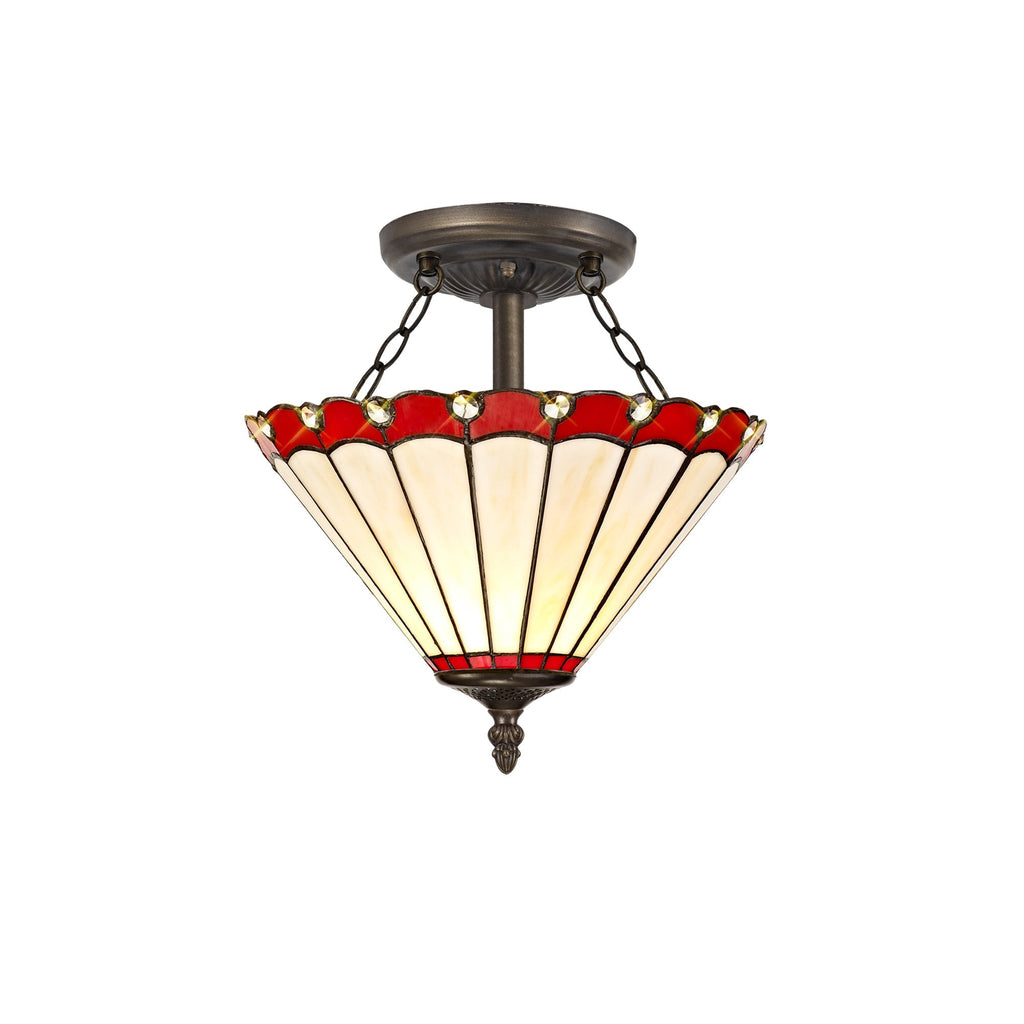 NLK02899 Umbrian 2 Light Semi Ceiling With 30cm Tiffany Shade Red/Chrome/Crystal/Aged Antique Brass