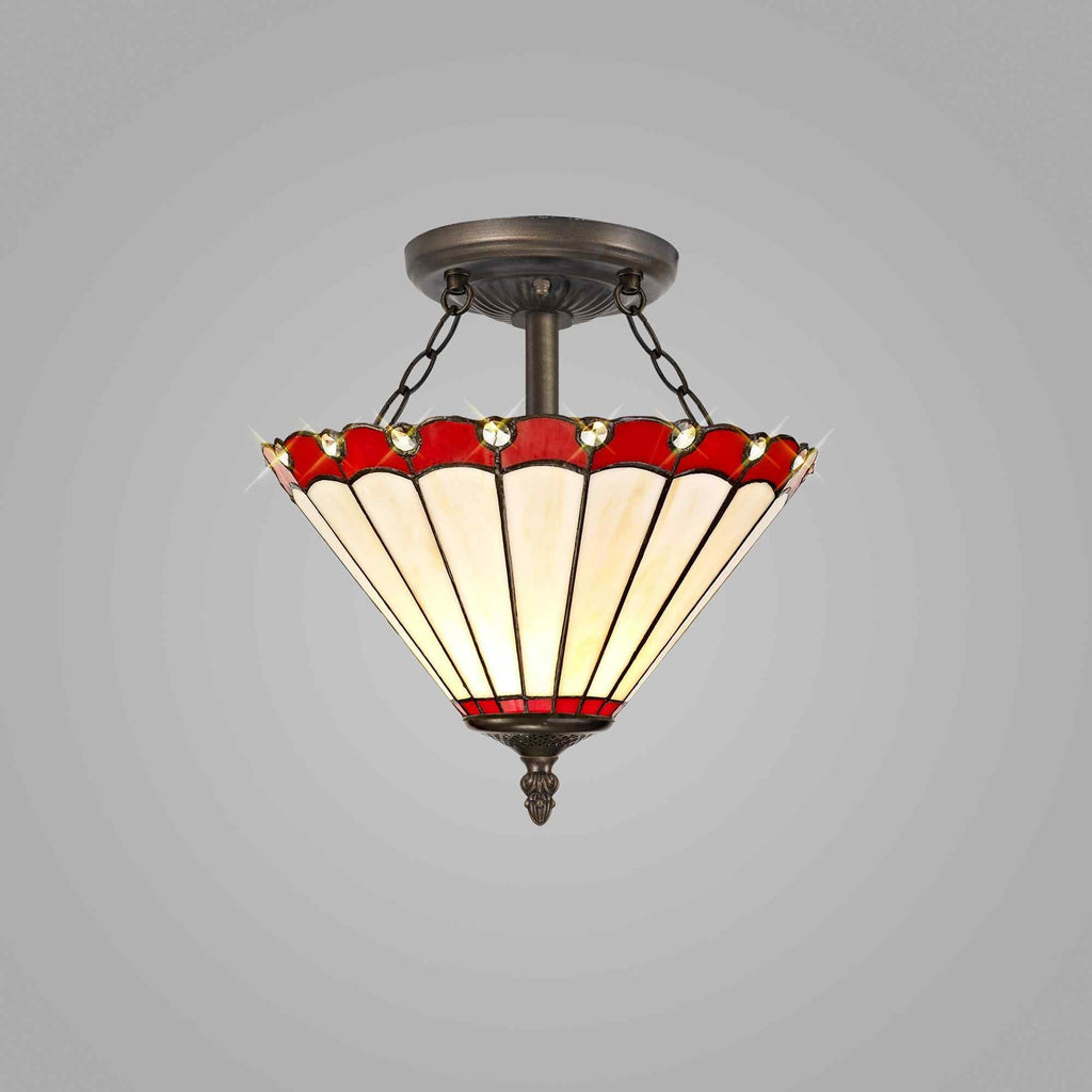 NLK02899 Umbrian 2 Light Semi Ceiling With 30cm Tiffany Shade Red/Chrome/Crystal/Aged Antique Brass