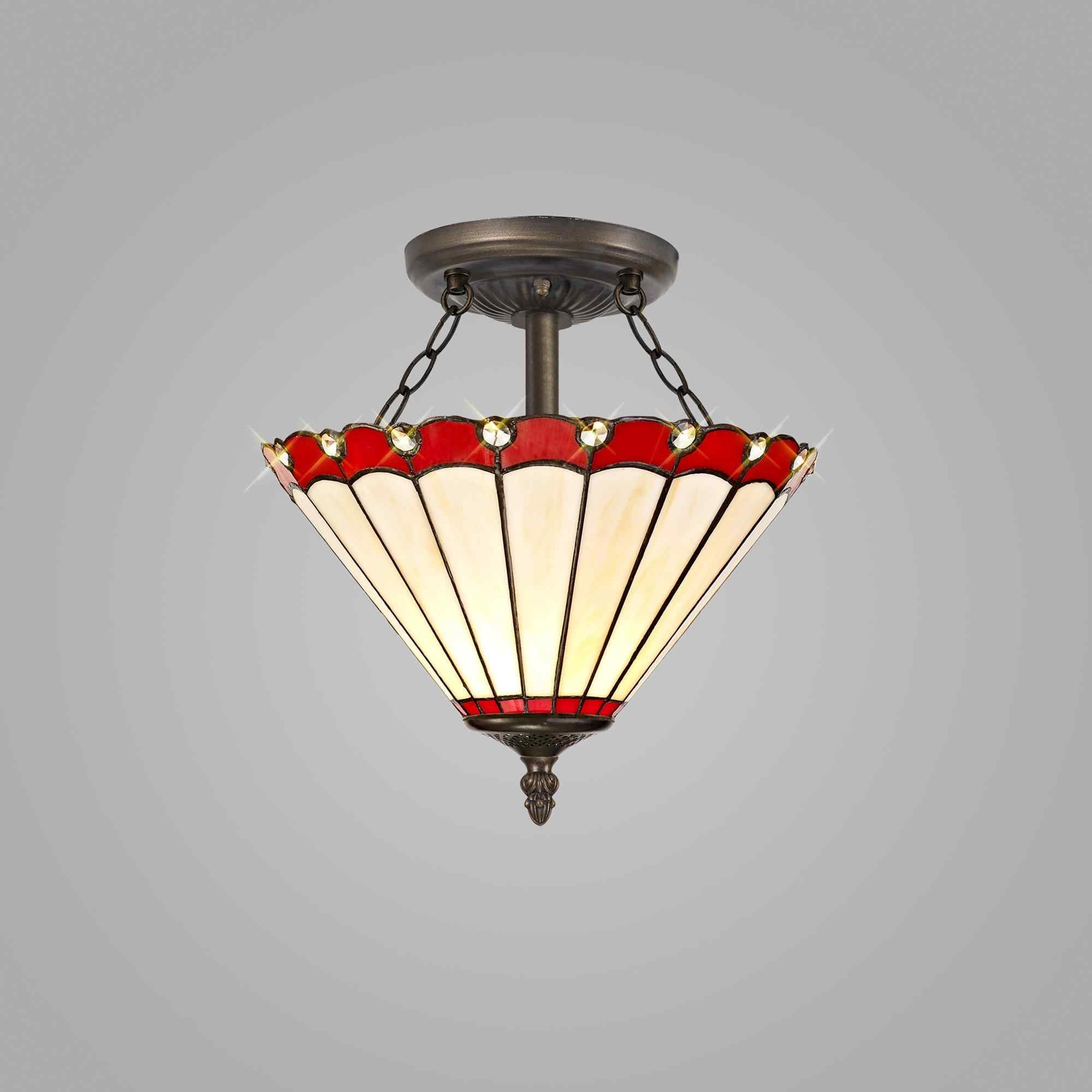 NLK02899 Umbrian 2 Light Semi Ceiling With 30cm Tiffany Shade Red/Chrome/Crystal/Aged Antique Brass