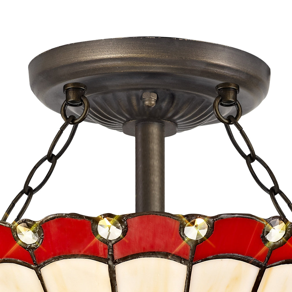 NLK02899 Umbrian 2 Light Semi Ceiling With 30cm Tiffany Shade Red/Chrome/Crystal/Aged Antique Brass