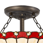 NLK02899 Umbrian 2 Light Semi Ceiling With 30cm Tiffany Shade Red/Chrome/Crystal/Aged Antique Brass
