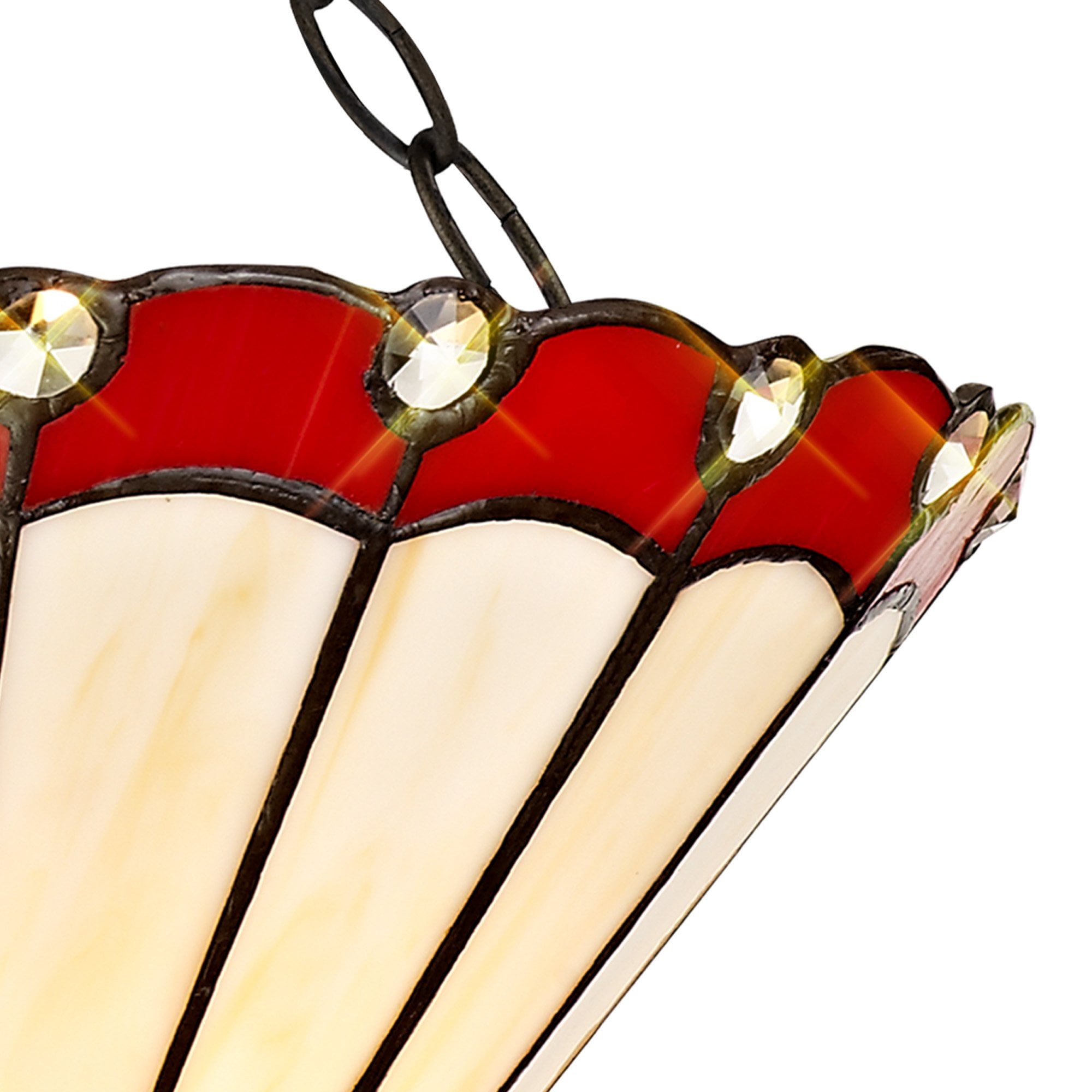 NLK02899 Umbrian 2 Light Semi Ceiling With 30cm Tiffany Shade Red/Chrome/Crystal/Aged Antique Brass