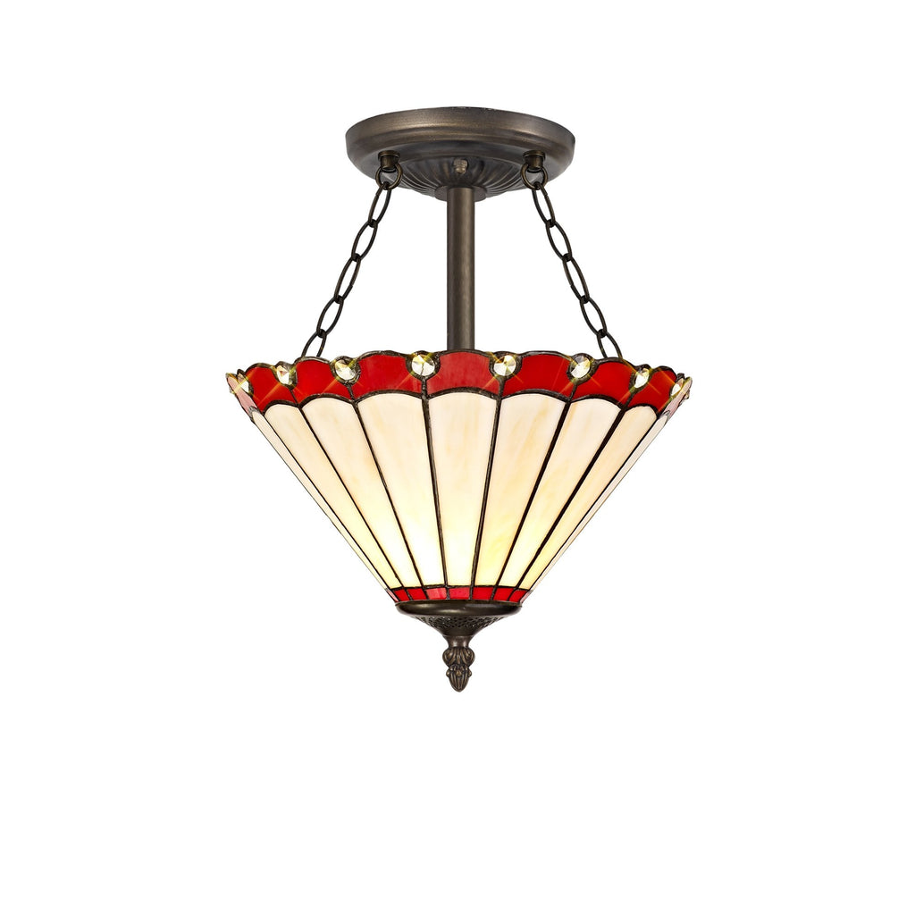 NLK02909 Umbrian 3 Light Semi Ceiling With 30cm Tiffany Shade Red/Chrome/Crystal/Aged Antique Brass