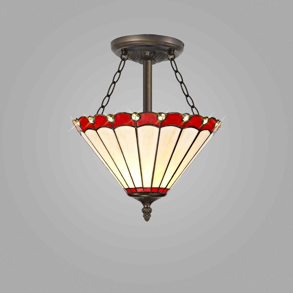NLK02909 Umbrian 3 Light Semi Ceiling With 30cm Tiffany Shade Red/Chrome/Crystal/Aged Antique Brass