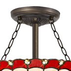 NLK02909 Umbrian 3 Light Semi Ceiling With 30cm Tiffany Shade Red/Chrome/Crystal/Aged Antique Brass