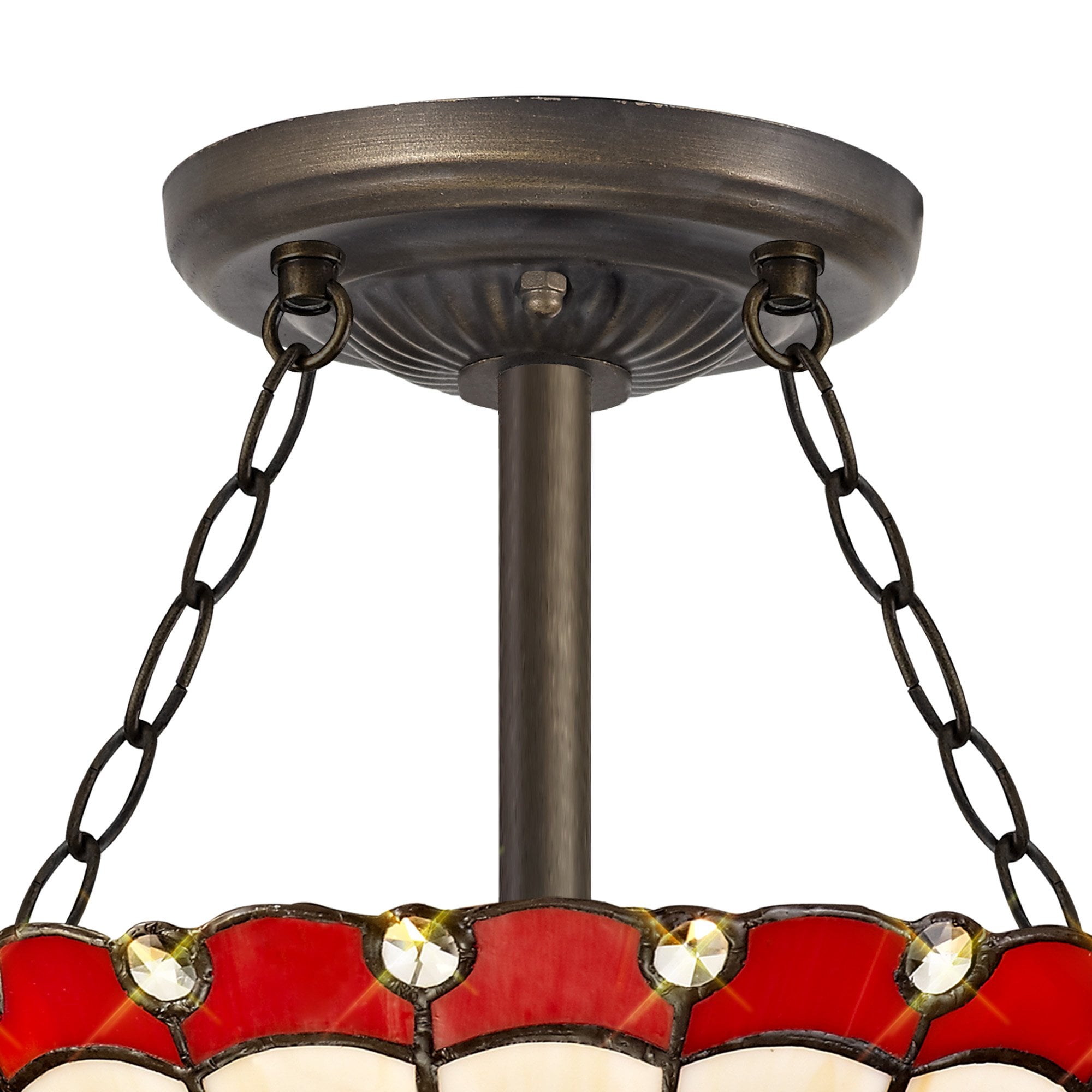 NLK02909 Umbrian 3 Light Semi Ceiling With 30cm Tiffany Shade Red/Chrome/Crystal/Aged Antique Brass