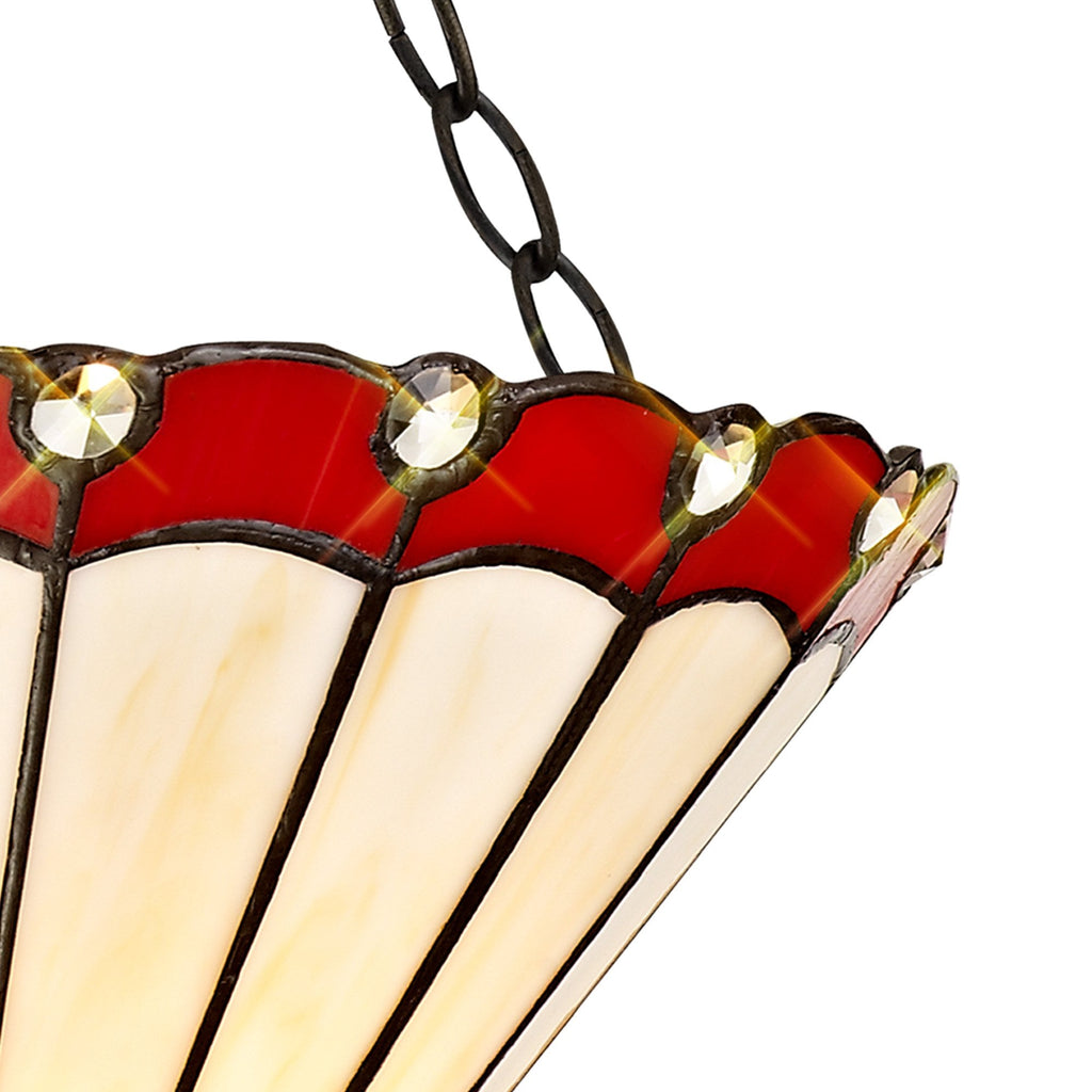 NLK02909 Umbrian 3 Light Semi Ceiling With 30cm Tiffany Shade Red/Chrome/Crystal/Aged Antique Brass