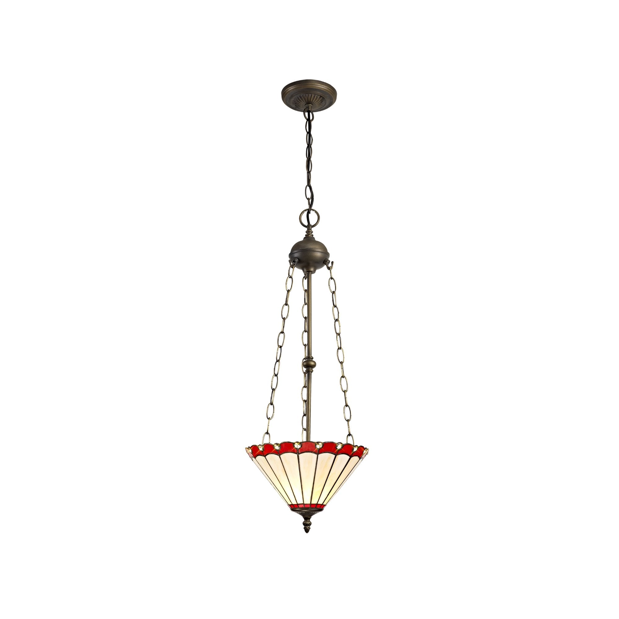 NLK02929 Umbrian 3 Light Up Lighter Pendant With 30cm Tiffany Shade Red/Chrome/Crystal/Aged Antique Brass