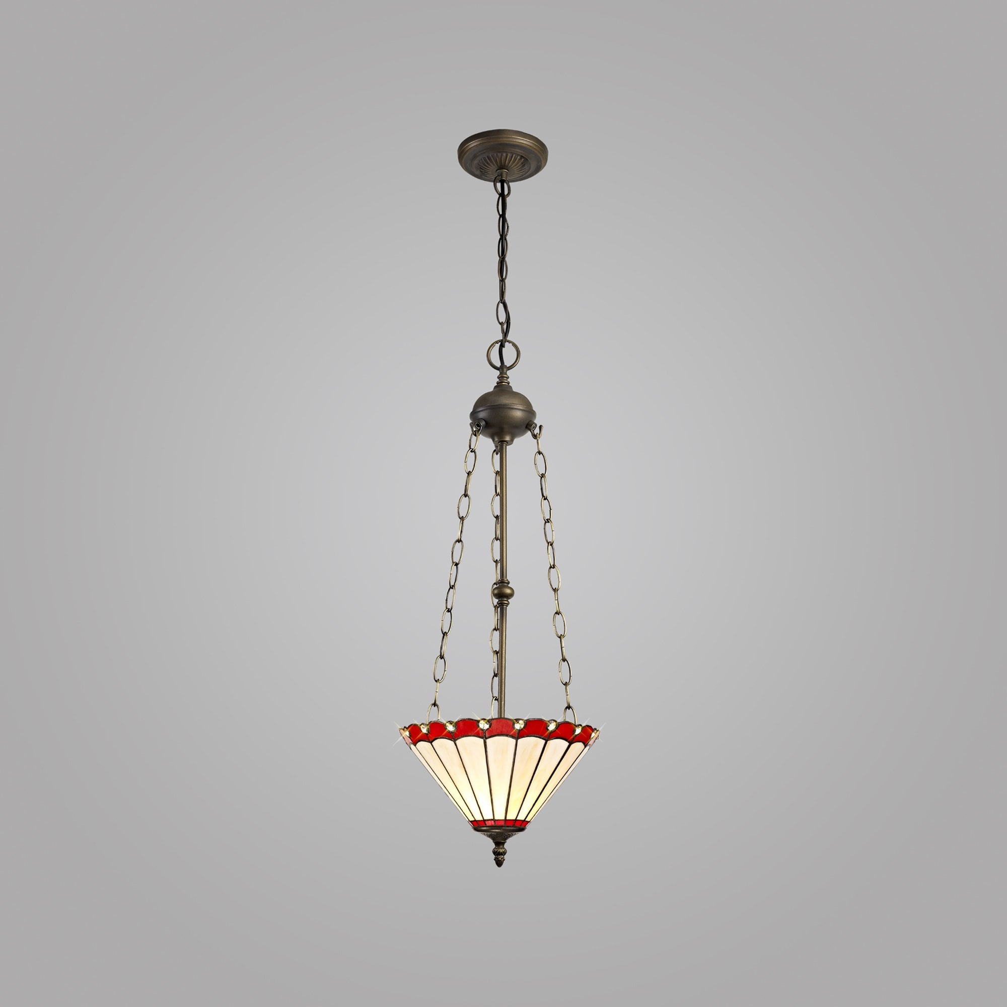 NLK02929 Umbrian 3 Light Up Lighter Pendant With 30cm Tiffany Shade Red/Chrome/Crystal/Aged Antique Brass