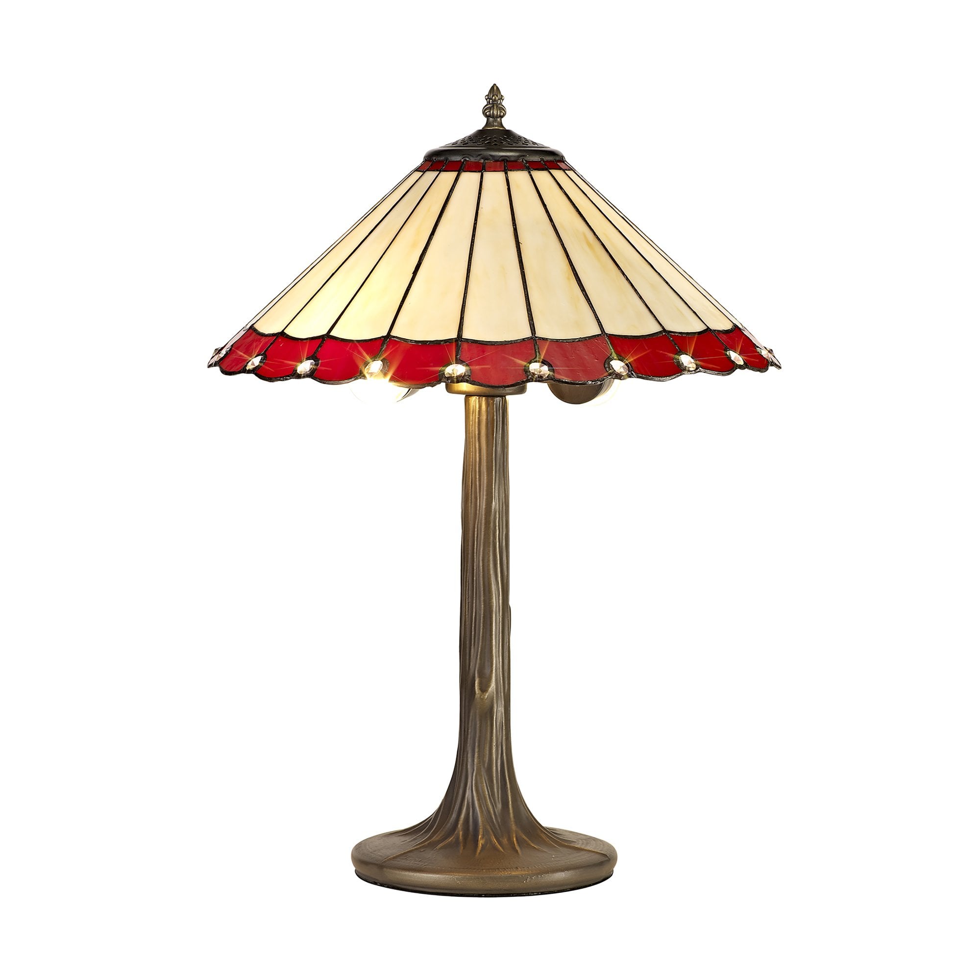 NLK02939 Umbrian 2 Light Tree Like Table Lamp With 40cm Tiffany Shade Red/Chrome/Crystal/Aged Antique Brass