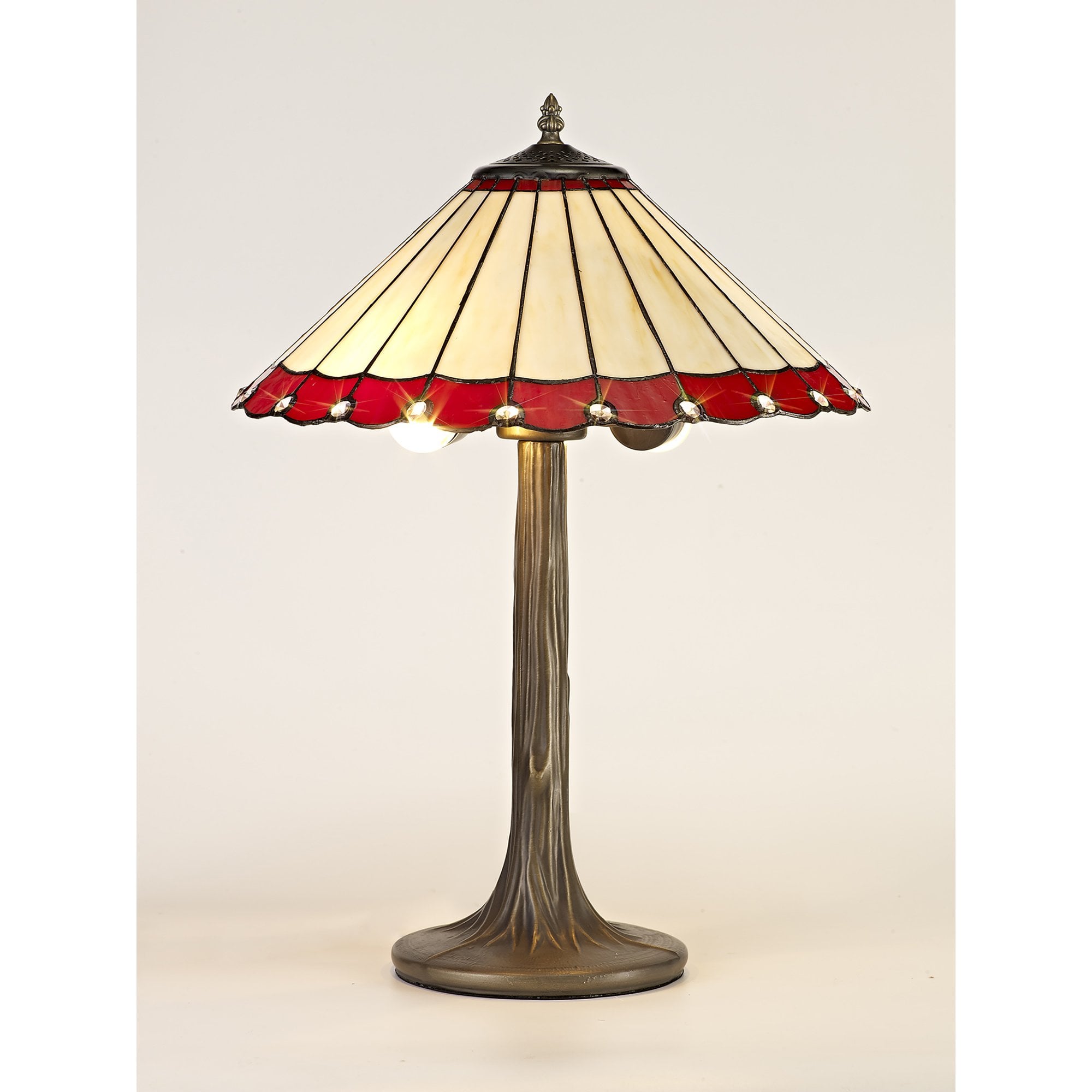 NLK02939 Umbrian 2 Light Tree Like Table Lamp With 40cm Tiffany Shade Red/Chrome/Crystal/Aged Antique Brass