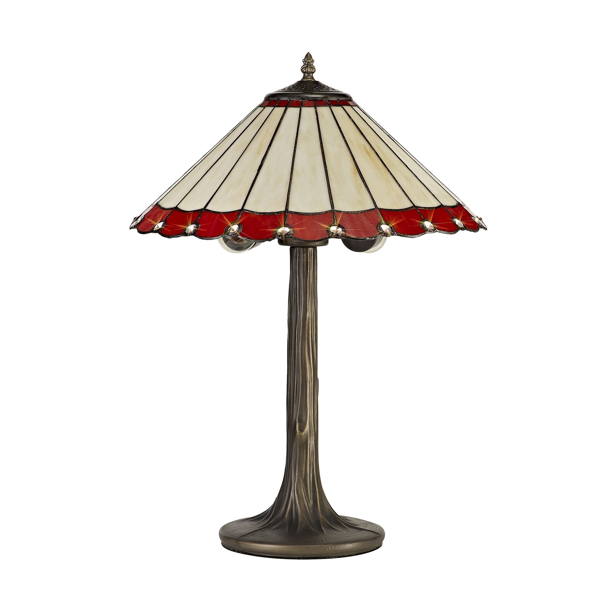 NLK02939 Umbrian 2 Light Tree Like Table Lamp With 40cm Tiffany Shade Red/Chrome/Crystal/Aged Antique Brass