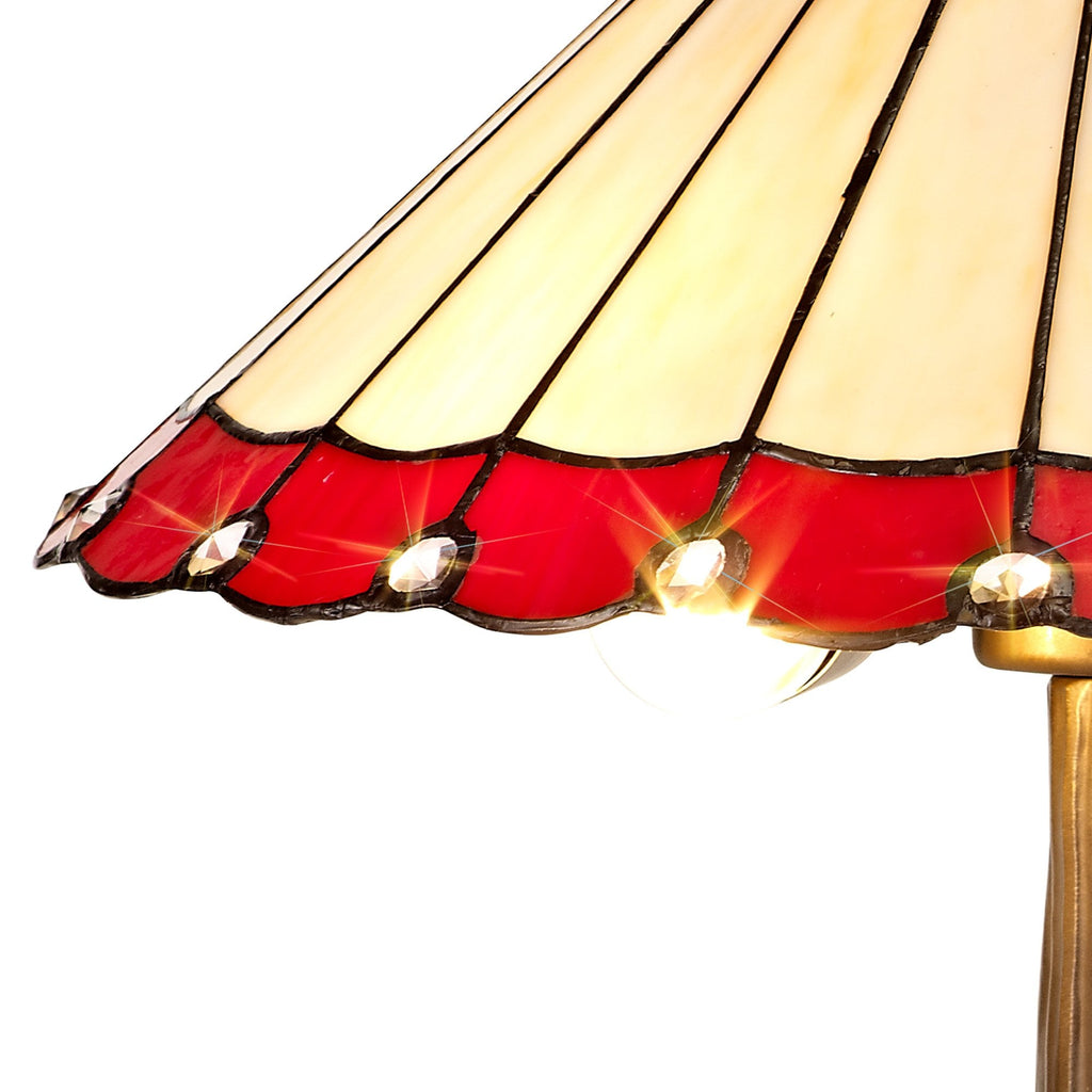 NLK02939 Umbrian 2 Light Tree Like Table Lamp With 40cm Tiffany Shade Red/Chrome/Crystal/Aged Antique Brass