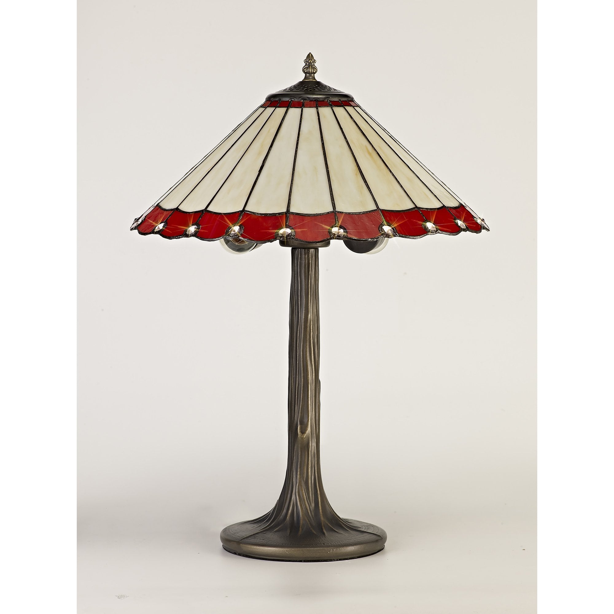 NLK02939 Umbrian 2 Light Tree Like Table Lamp With 40cm Tiffany Shade Red/Chrome/Crystal/Aged Antique Brass