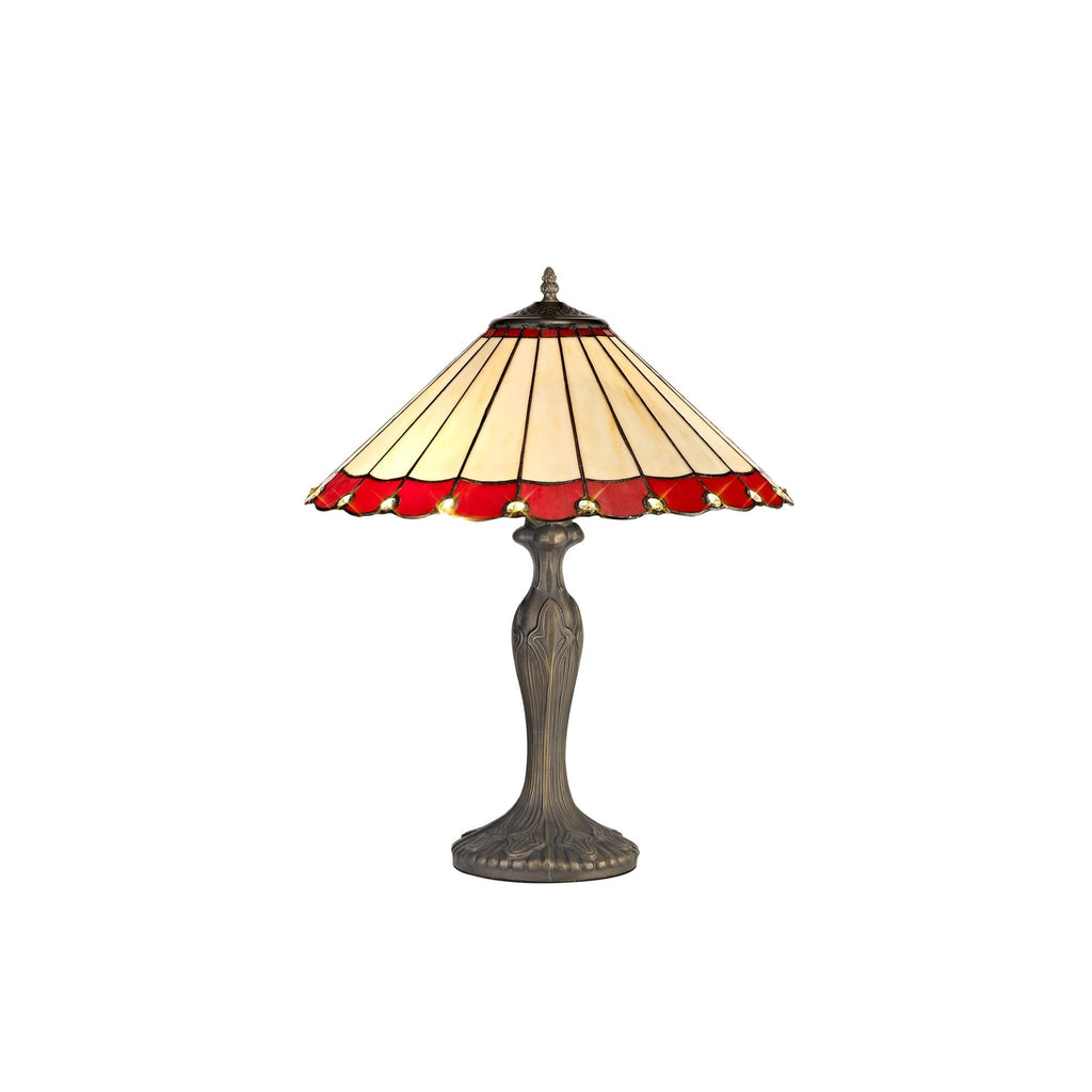 NLK02949 Umbrian 2 Light Curved Table Lamp With 40cm Tiffany Shade Red/Chrome/Crystal/Aged Antique Brass