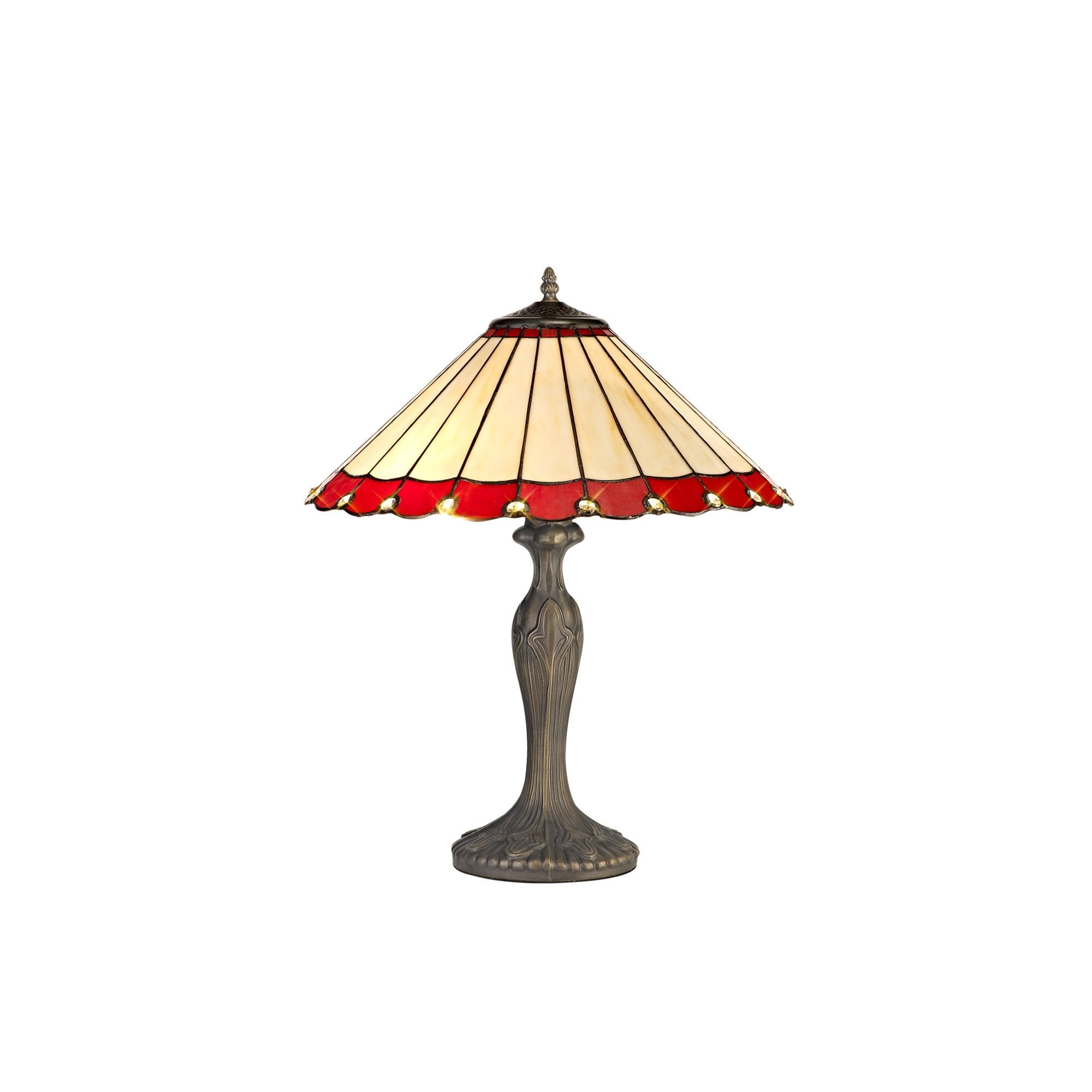 NLK02949 Umbrian 2 Light Curved Table Lamp With 40cm Tiffany Shade Red/Chrome/Crystal/Aged Antique Brass