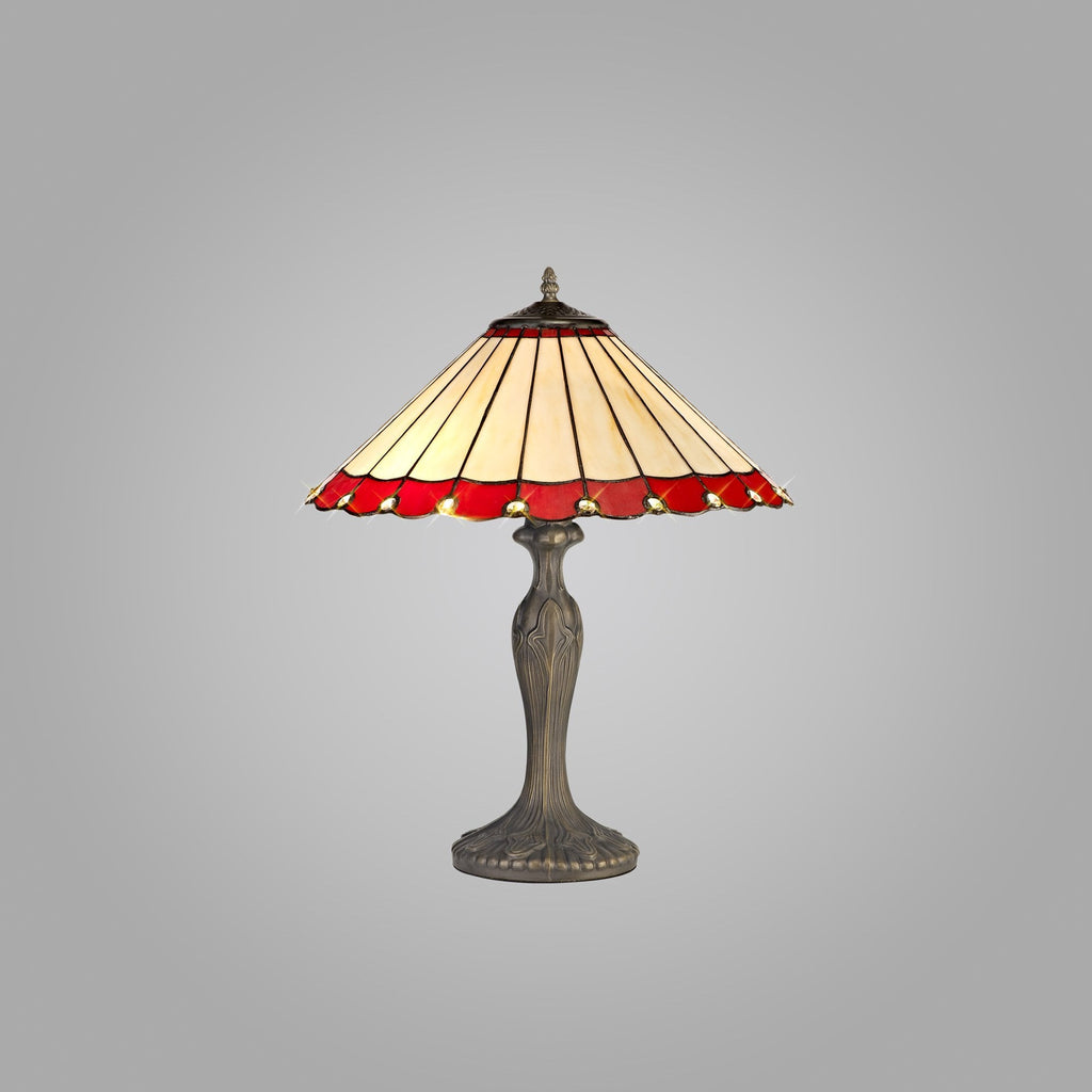 NLK02949 Umbrian 2 Light Curved Table Lamp With 40cm Tiffany Shade Red/Chrome/Crystal/Aged Antique Brass