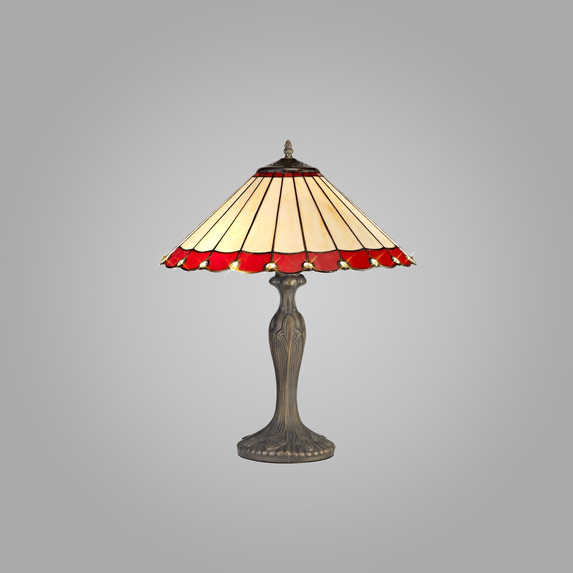 NLK02949 Umbrian 2 Light Curved Table Lamp With 40cm Tiffany Shade Red/Chrome/Crystal/Aged Antique Brass