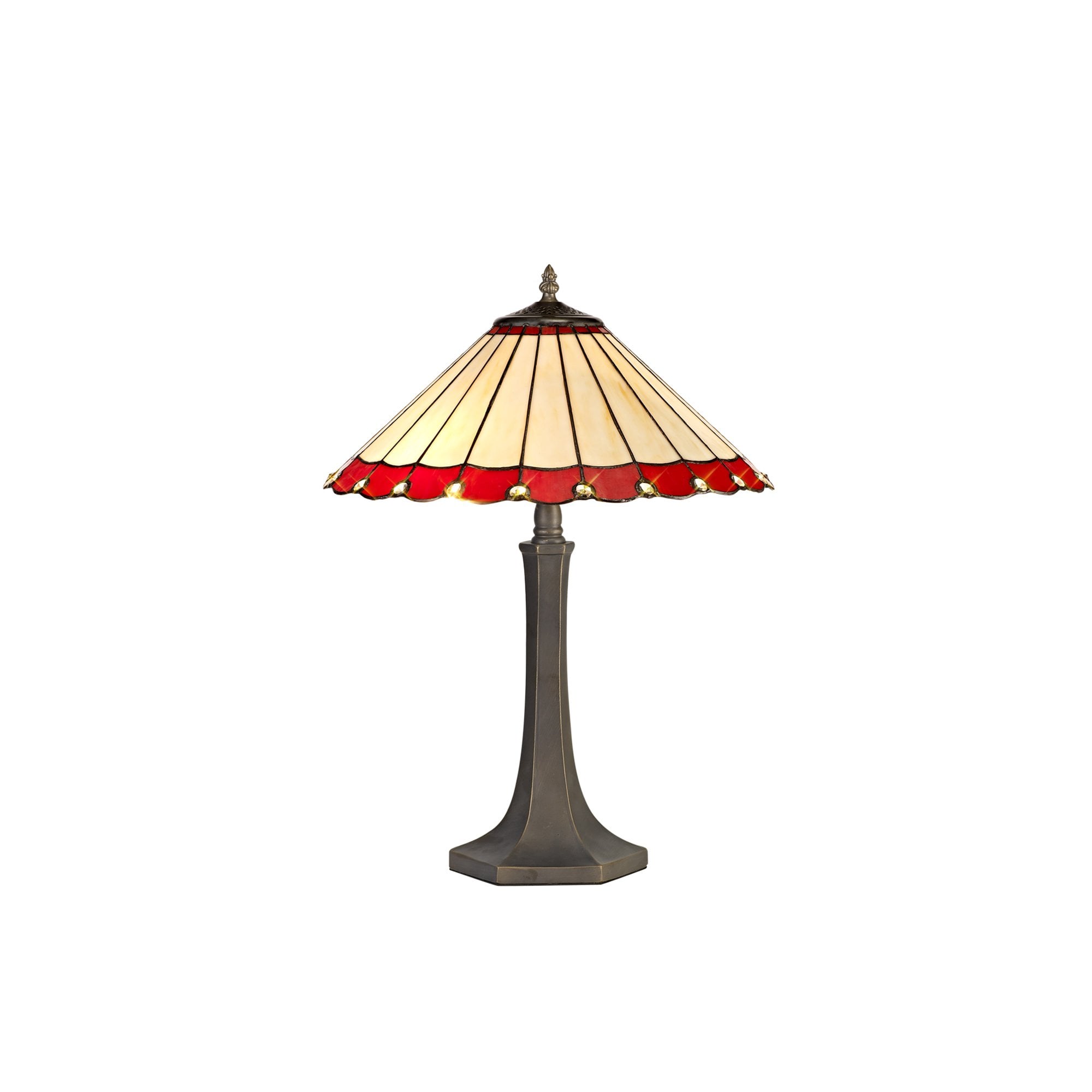 NLK02959 Umbrian 2 Light Octagonal Table Lamp With 40cm Tiffany Shade Red/Chrome/Crystal/Aged Antique Brass