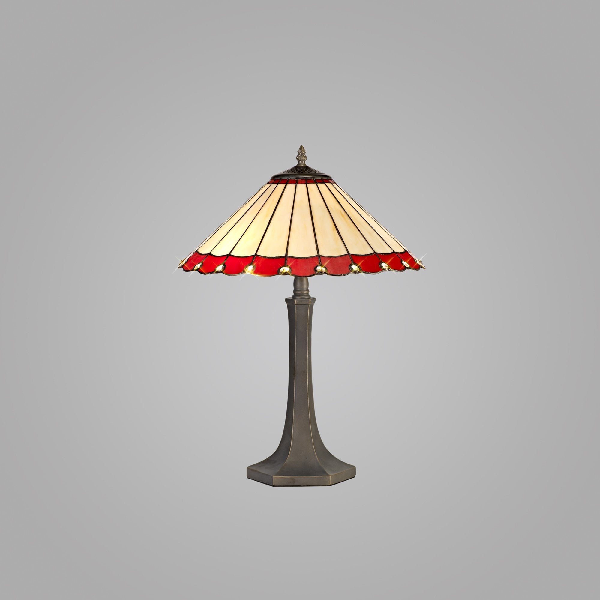 NLK02959 Umbrian 2 Light Octagonal Table Lamp With 40cm Tiffany Shade Red/Chrome/Crystal/Aged Antique Brass