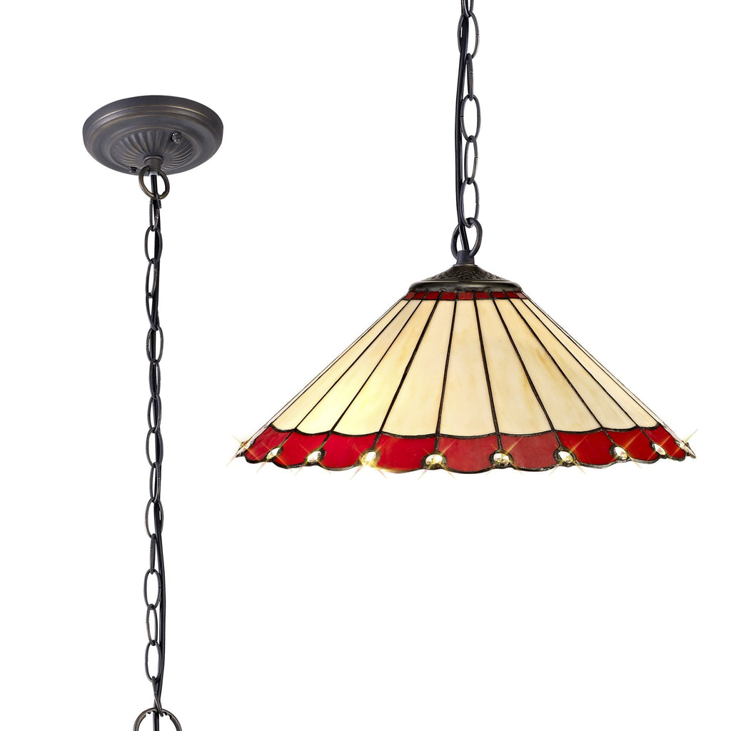 NLK02969 Umbrian 1 Light Down Lighter Pendant With 40cm Tiffany Shade Red/Chrome/Crystal/Aged Antique Brass