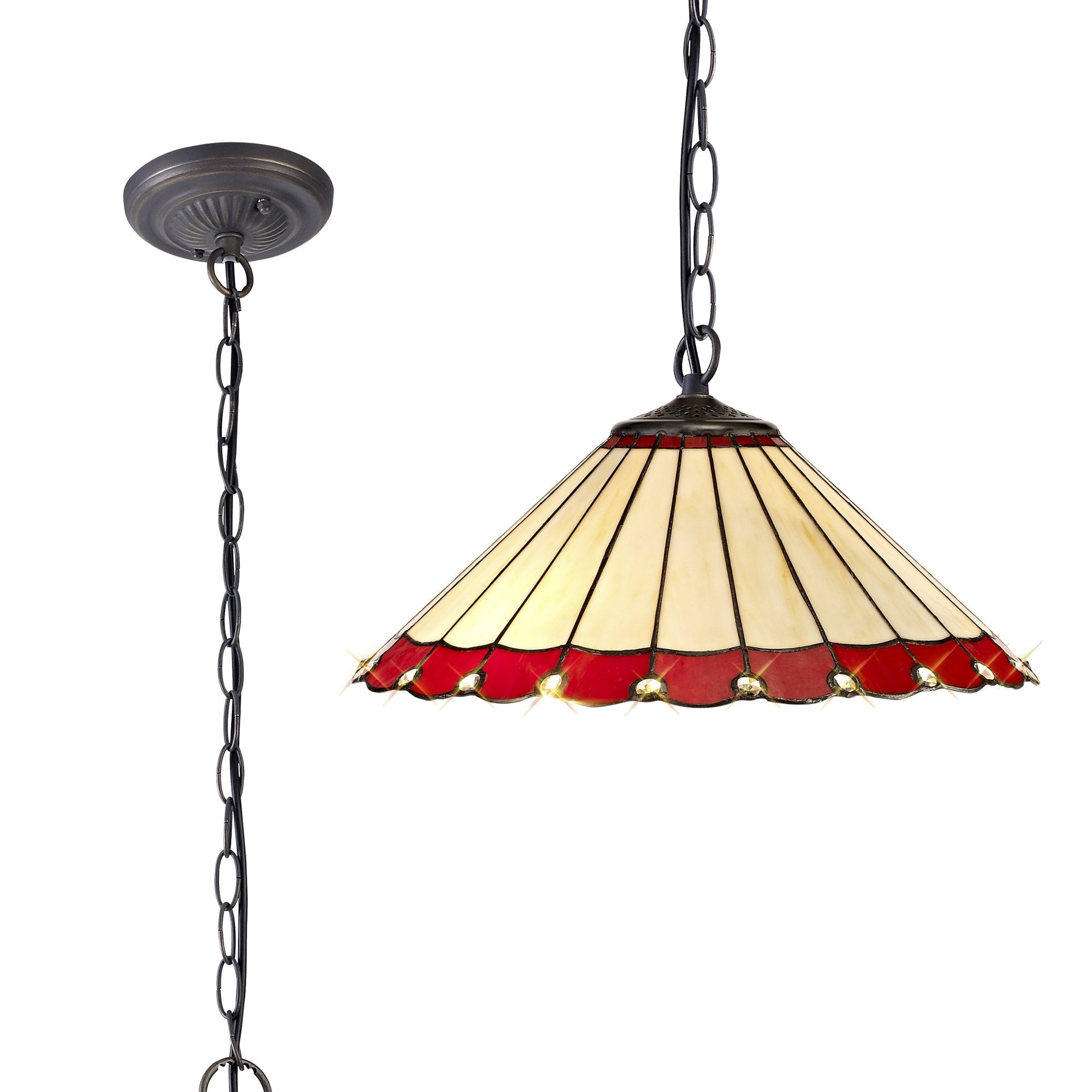 NLK02969 Umbrian 1 Light Down Lighter Pendant With 40cm Tiffany Shade Red/Chrome/Crystal/Aged Antique Brass