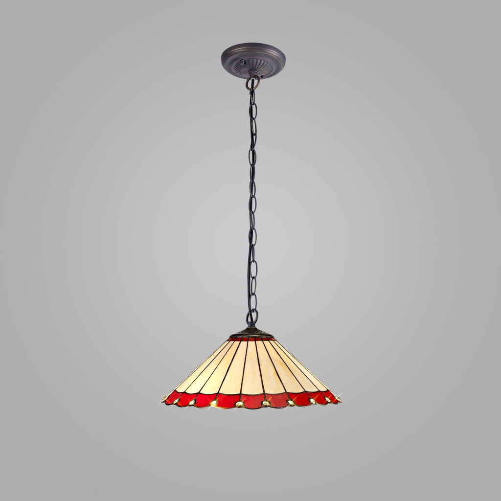 NLK02969 Umbrian 1 Light Down Lighter Pendant With 40cm Tiffany Shade Red/Chrome/Crystal/Aged Antique Brass