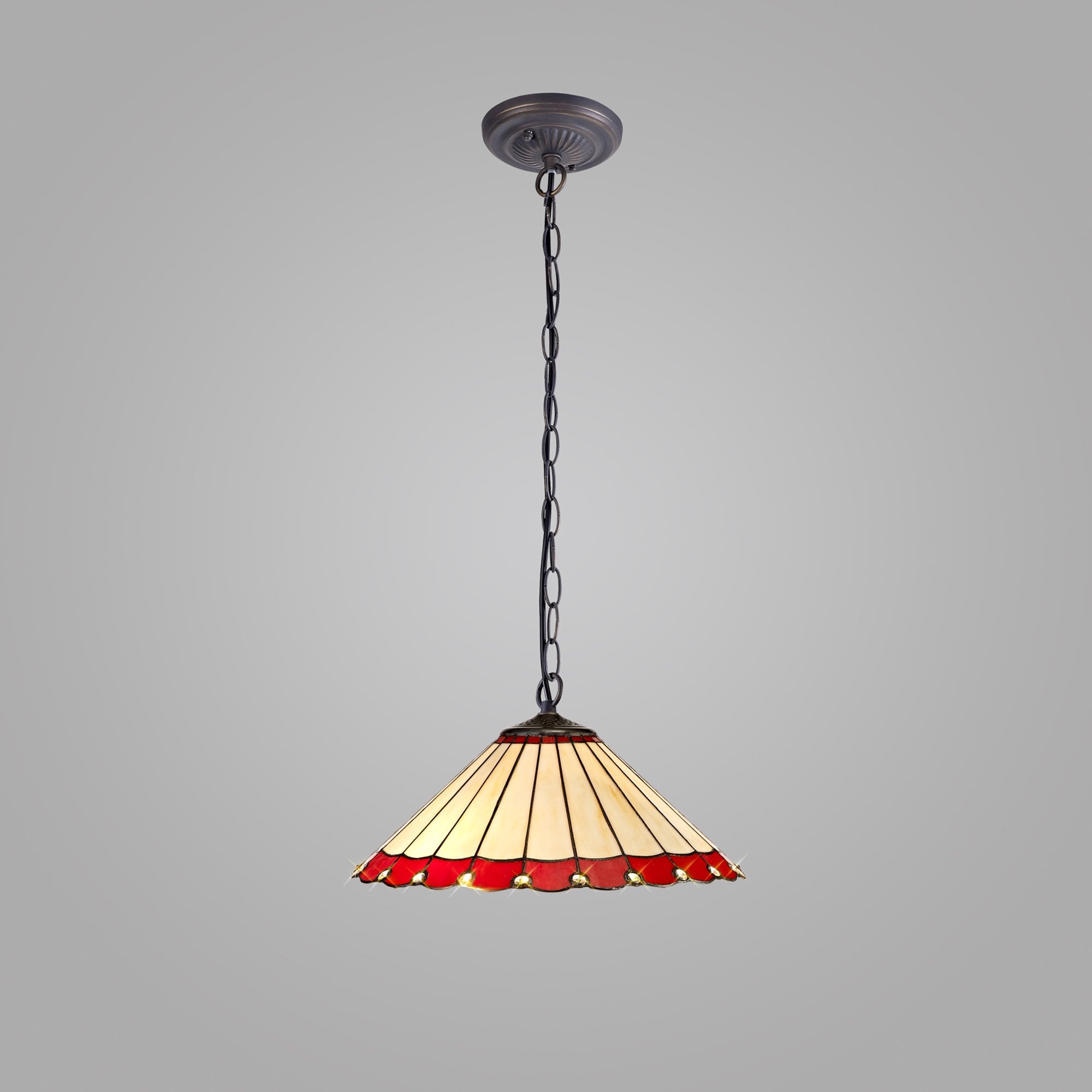 NLK02969 Umbrian 1 Light Down Lighter Pendant With 40cm Tiffany Shade Red/Chrome/Crystal/Aged Antique Brass