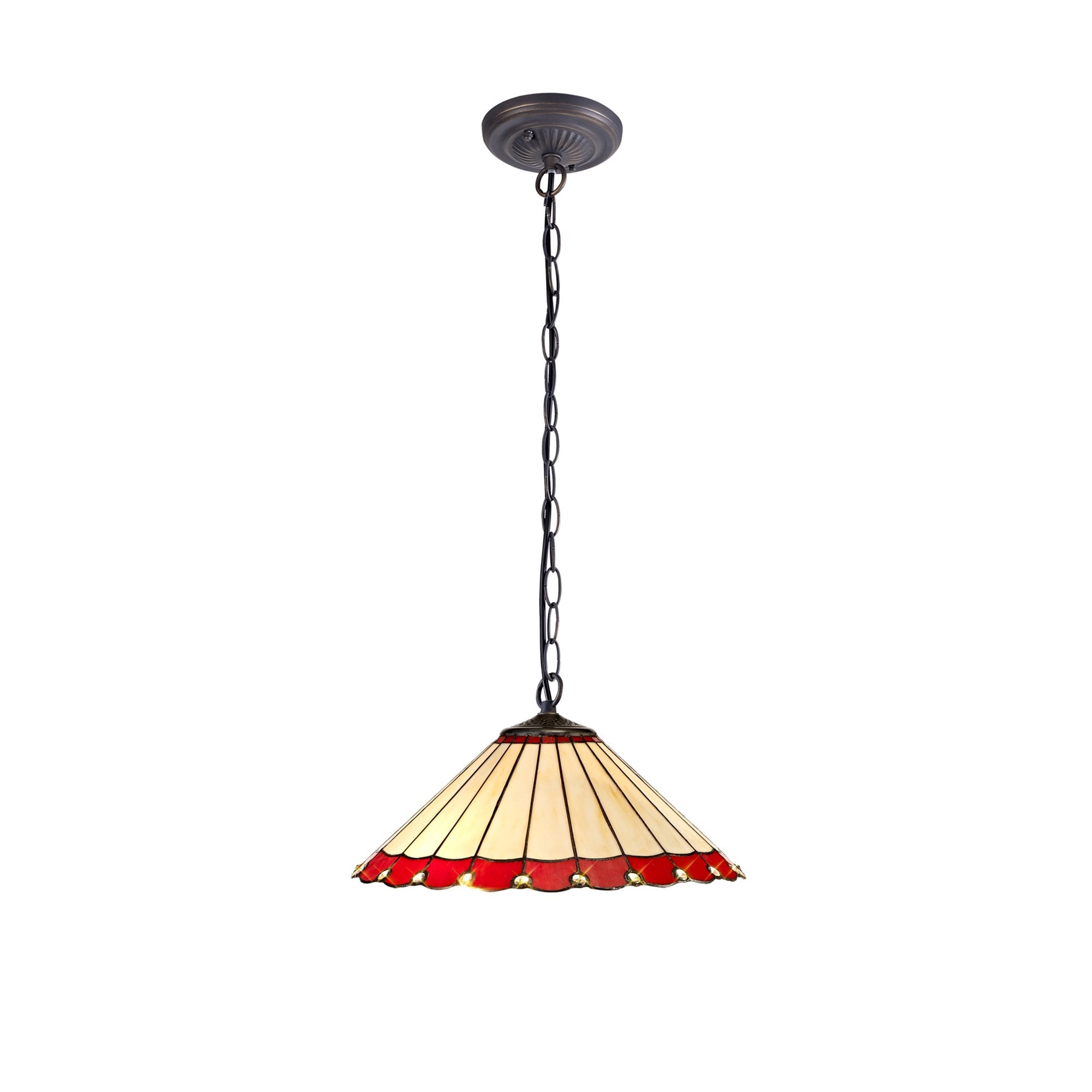 NLK02969 Umbrian 1 Light Down Lighter Pendant With 40cm Tiffany Shade Red/Chrome/Crystal/Aged Antique Brass