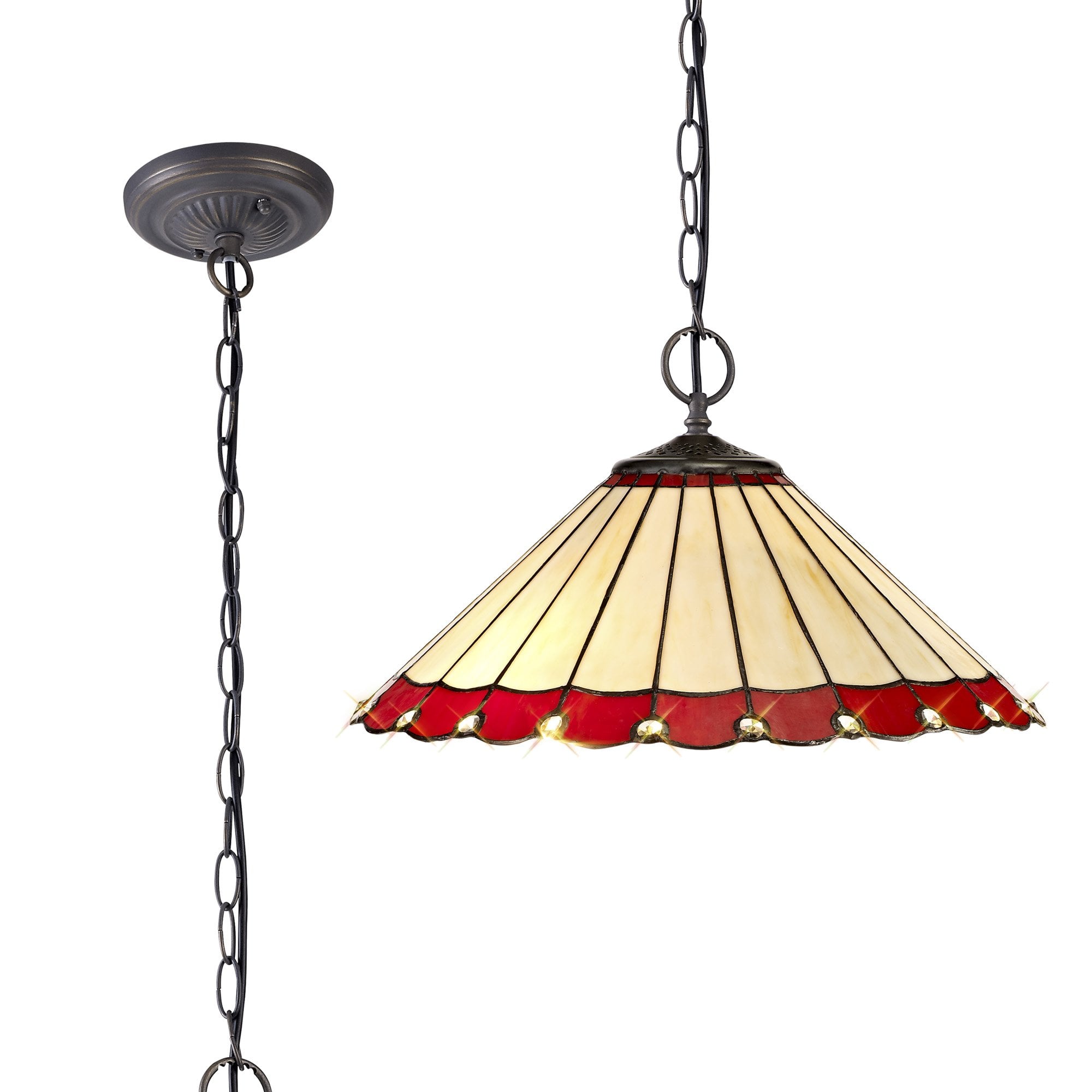NLK02979 Umbrian 2 Light Down Lighter Pendant With 40cm Tiffany Shade Red/Chrome/Crystal/Aged Antique Brass