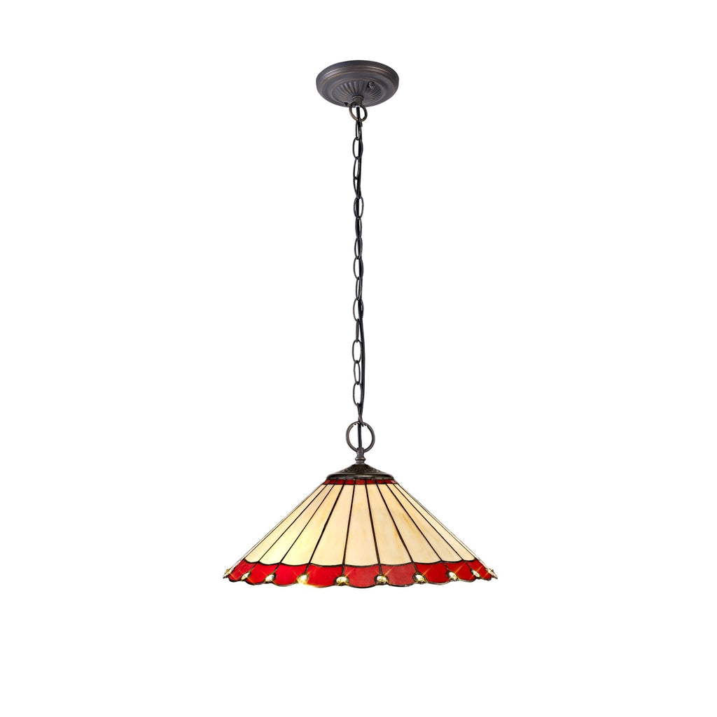 NLK02979 Umbrian 2 Light Down Lighter Pendant With 40cm Tiffany Shade Red/Chrome/Crystal/Aged Antique Brass