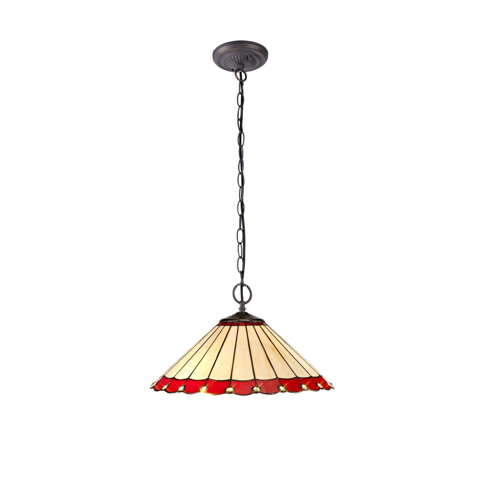 NLK02979 Umbrian 2 Light Down Lighter Pendant With 40cm Tiffany Shade Red/Chrome/Crystal/Aged Antique Brass