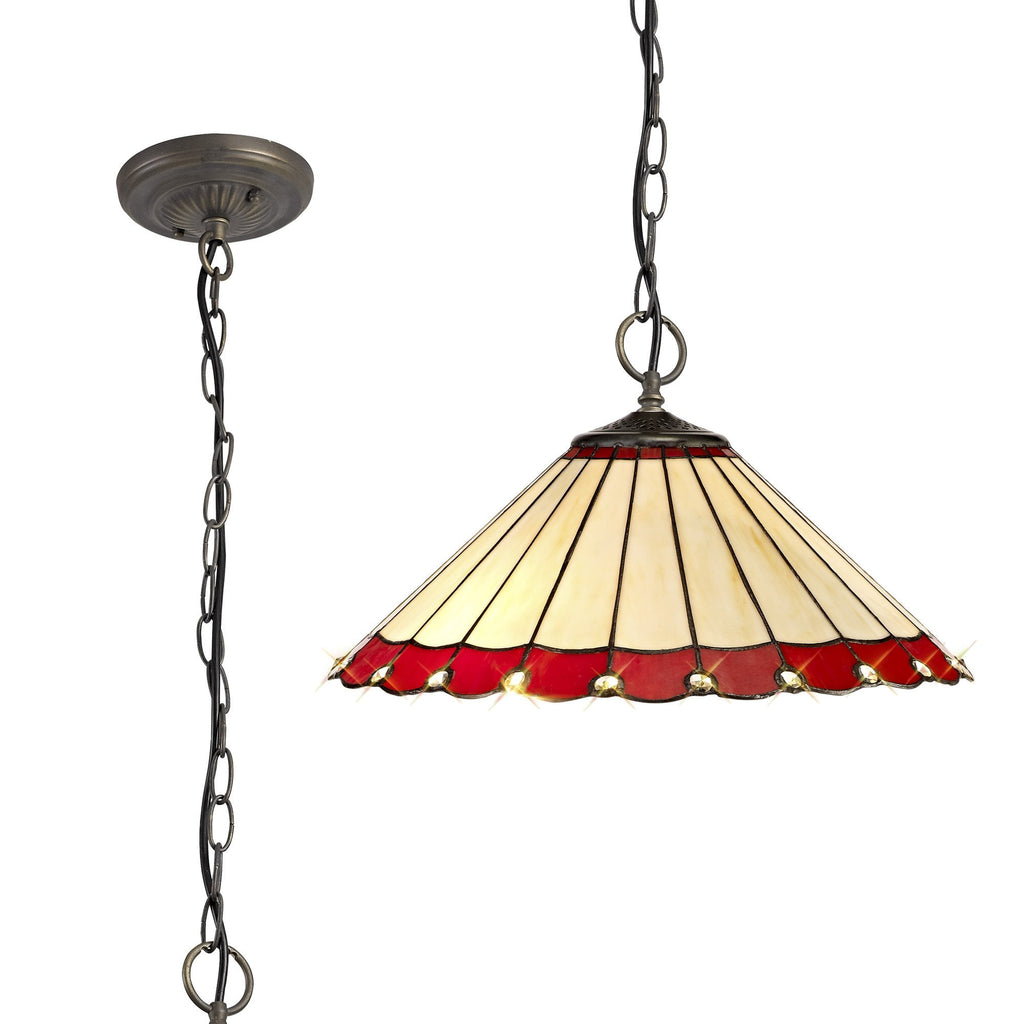 NLK02989 Umbrian 3 Light Down Lighter Pendant With 40cm Tiffany Shade Red/Chrome/Crystal/Aged Antique Brass
