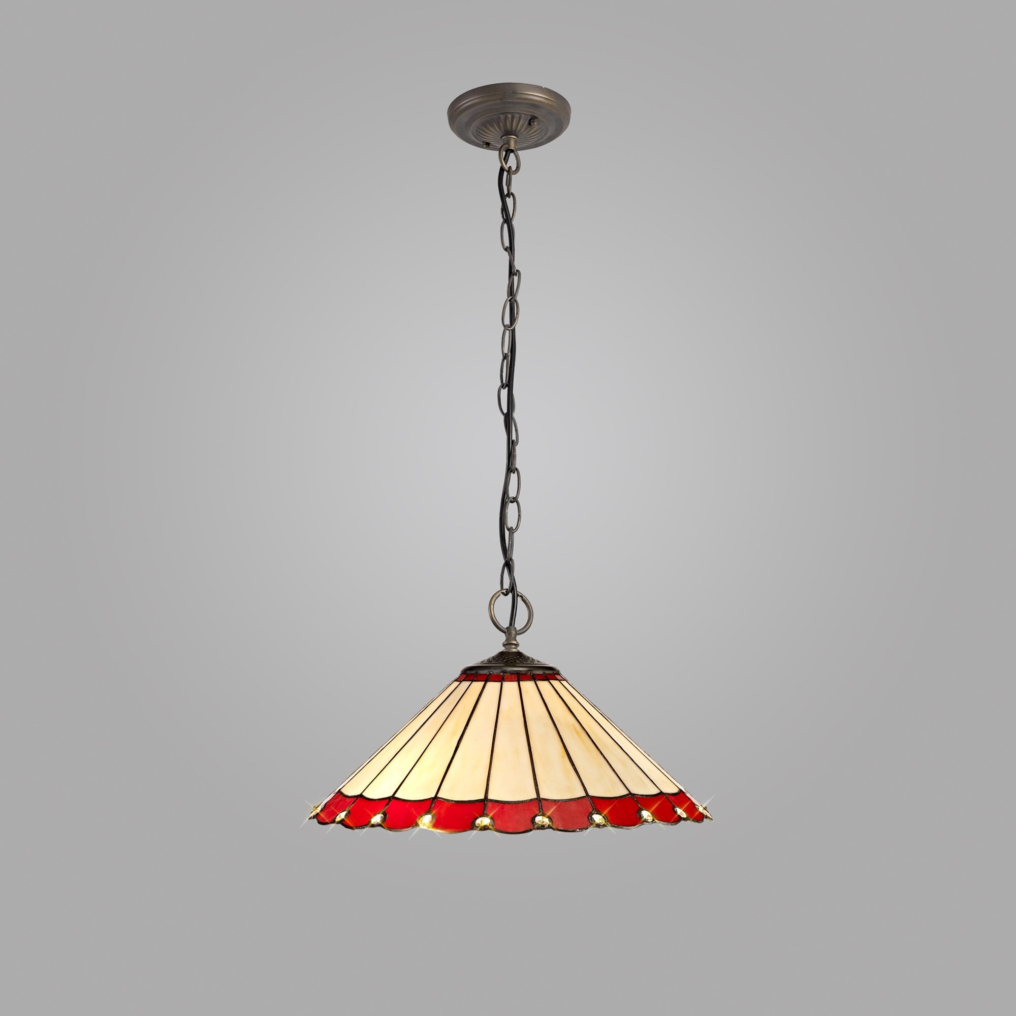 NLK02989 Umbrian 3 Light Down Lighter Pendant With 40cm Tiffany Shade Red/Chrome/Crystal/Aged Antique Brass