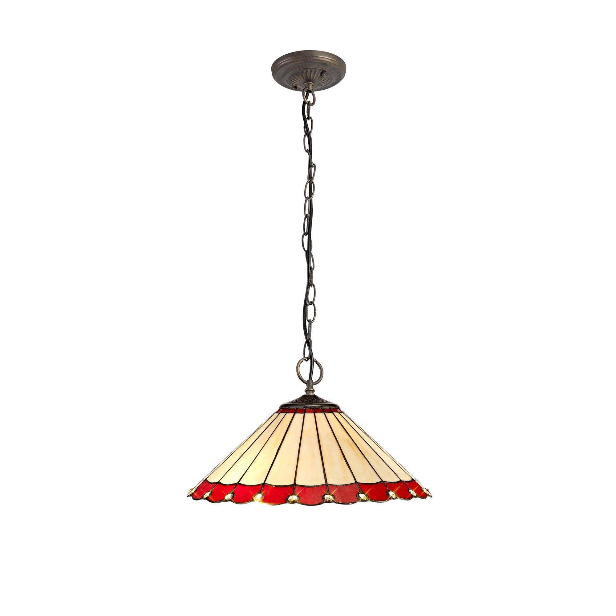 NLK02989 Umbrian 3 Light Down Lighter Pendant With 40cm Tiffany Shade Red/Chrome/Crystal/Aged Antique Brass