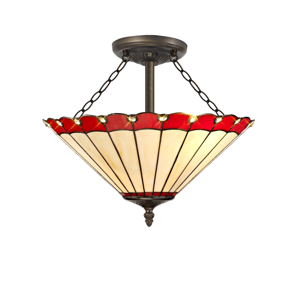 NLK02999 Umbrian 3 Light Semi Ceiling With 40cm Tiffany Shade Red/Chrome/Crystal/Aged Antique Brass
