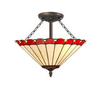 NLK02999 Umbrian 3 Light Semi Ceiling With 40cm Tiffany Shade Red/Chrome/Crystal/Aged Antique Brass