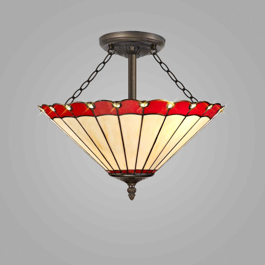 NLK02999 Umbrian 3 Light Semi Ceiling With 40cm Tiffany Shade Red/Chrome/Crystal/Aged Antique Brass