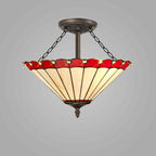 NLK02999 Umbrian 3 Light Semi Ceiling With 40cm Tiffany Shade Red/Chrome/Crystal/Aged Antique Brass