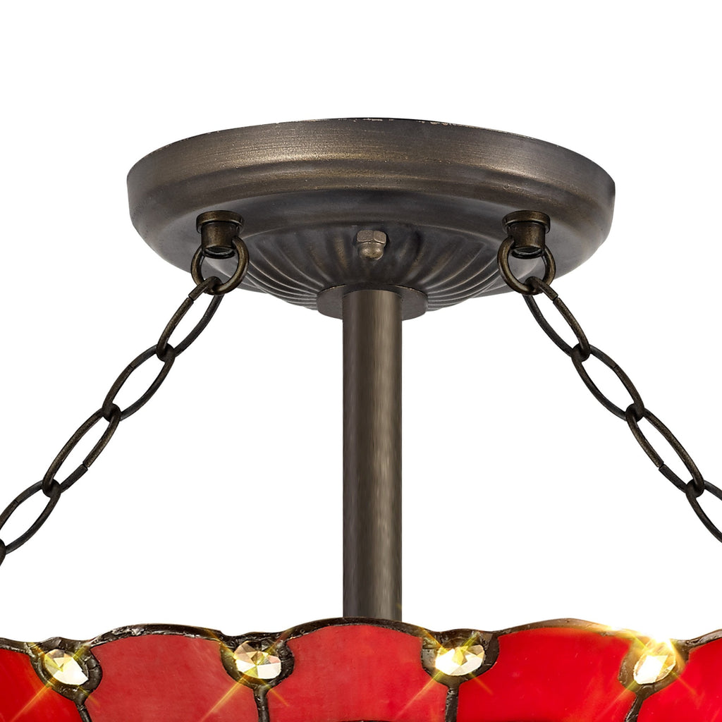 NLK02999 Umbrian 3 Light Semi Ceiling With 40cm Tiffany Shade Red/Chrome/Crystal/Aged Antique Brass