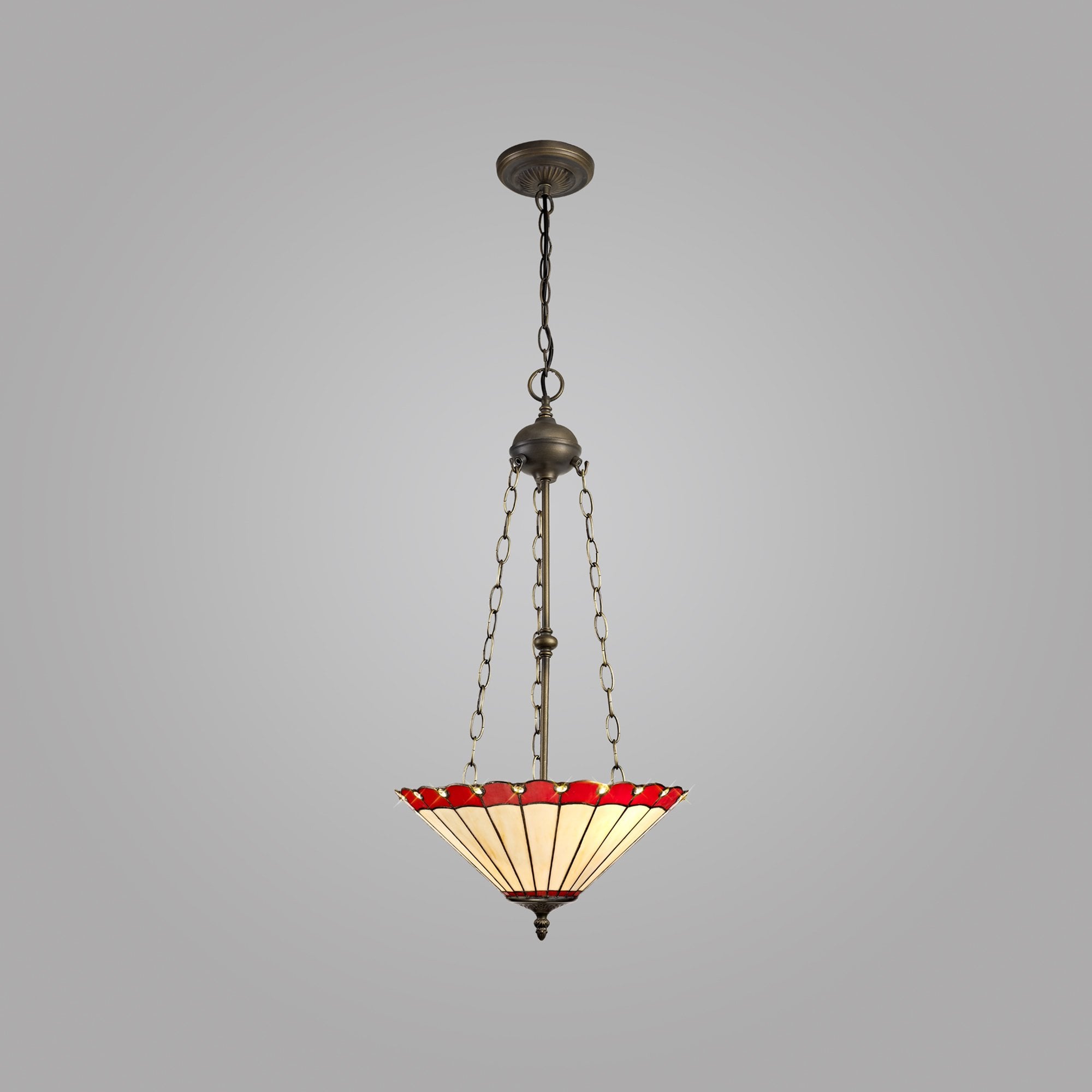 NLK03009 Umbrian 3 Light Up Lighter Pendant With 40cm Tiffany Shade Red/Chrome/Crystal/Aged Antique Brass