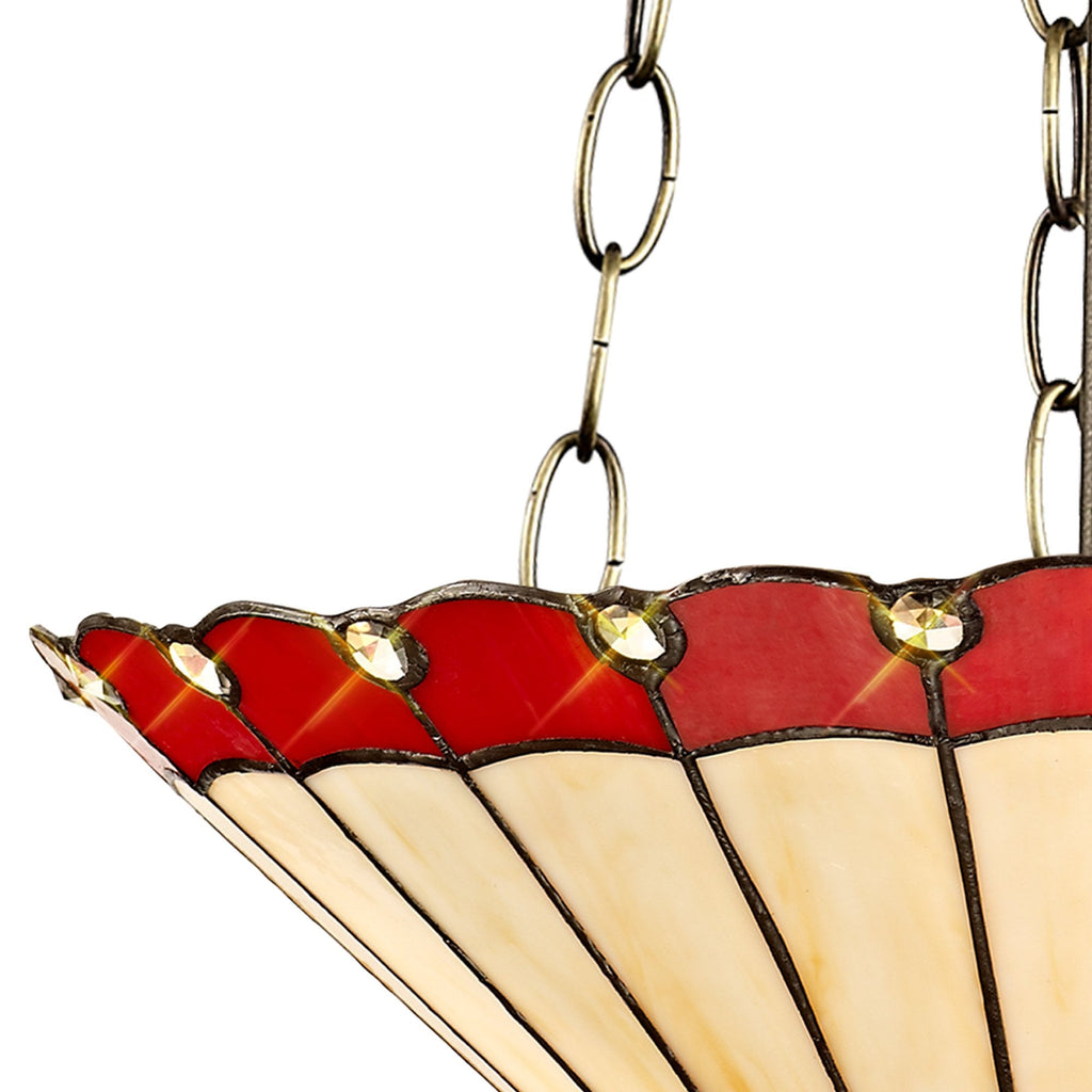 NLK03009 Umbrian 3 Light Up Lighter Pendant With 40cm Tiffany Shade Red/Chrome/Crystal/Aged Antique Brass