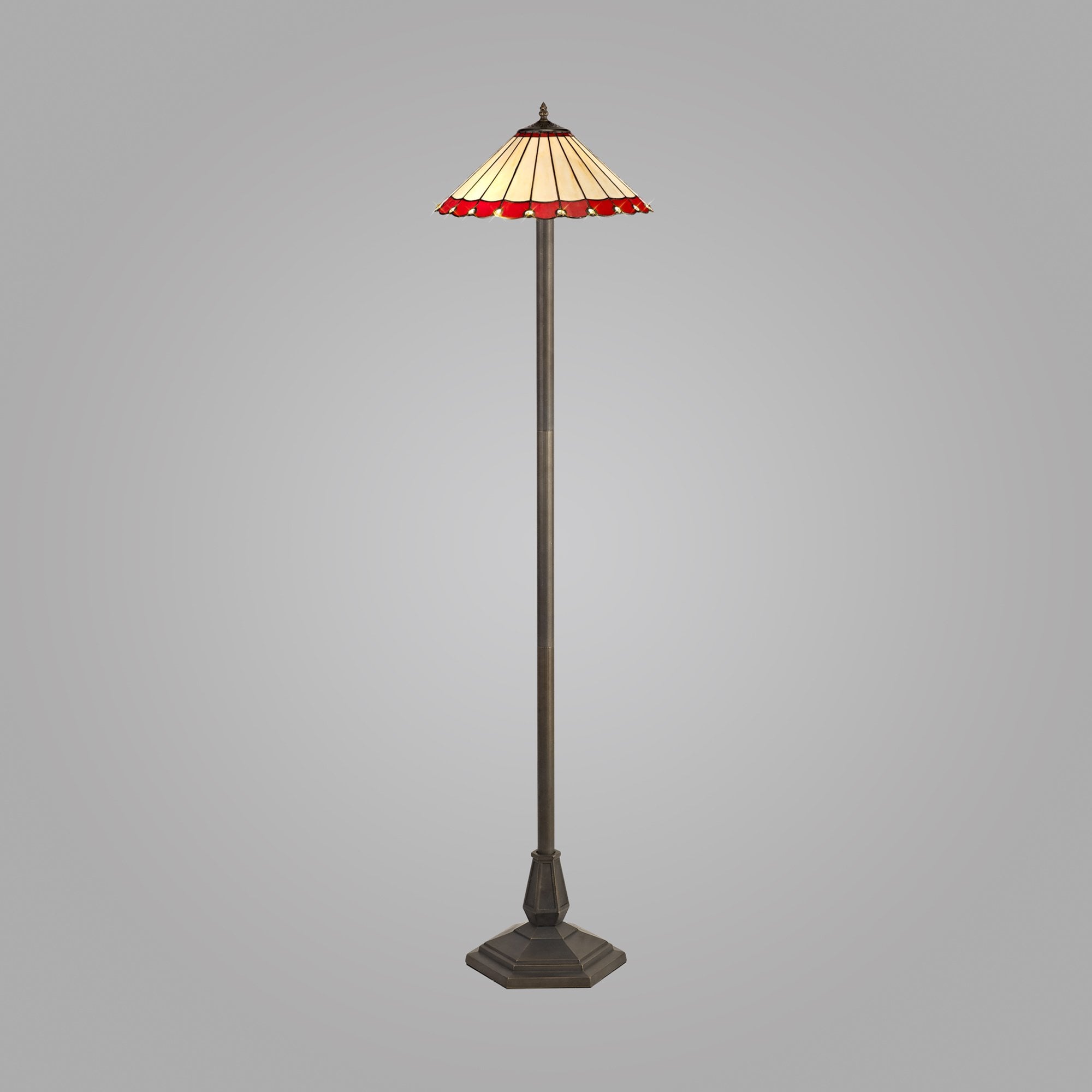NLK03019 Umbrian 2 Light Octagonal Floor Lamp With 40cm Tiffany Shade Red/Chrome/Crystal/Aged Antique Brass